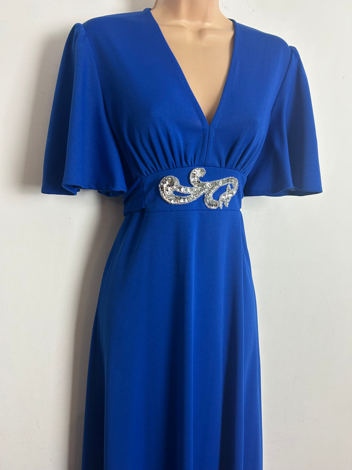 Vintage 1970s Size 8 Royal Blue Sequin Applique Detail Tie Back Occasion Maxi Dress