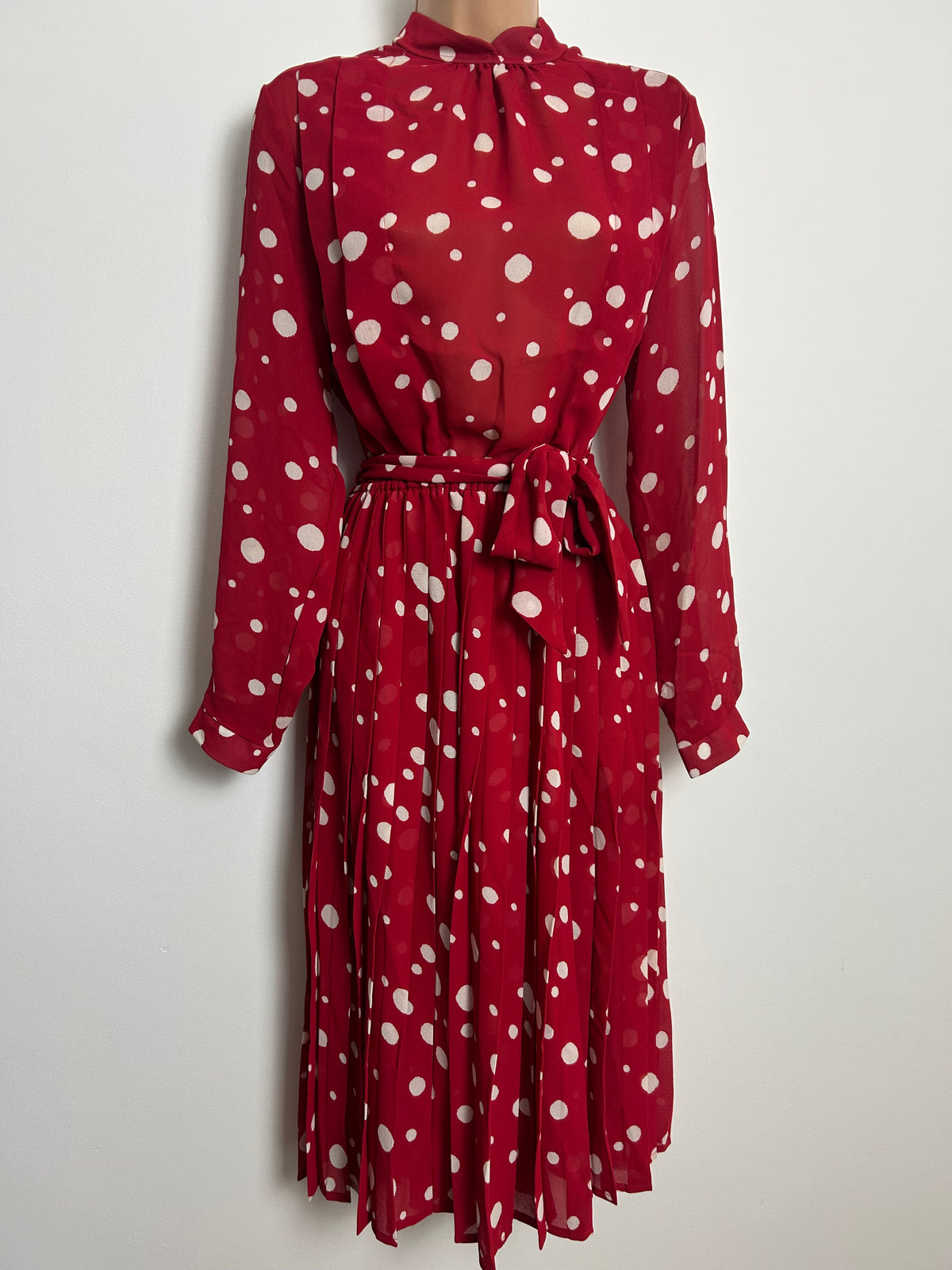 Vintage Early 1980s ST MICHAEL Size 12 Red & White Polka Dot Spot Print Belted Pleated Dress