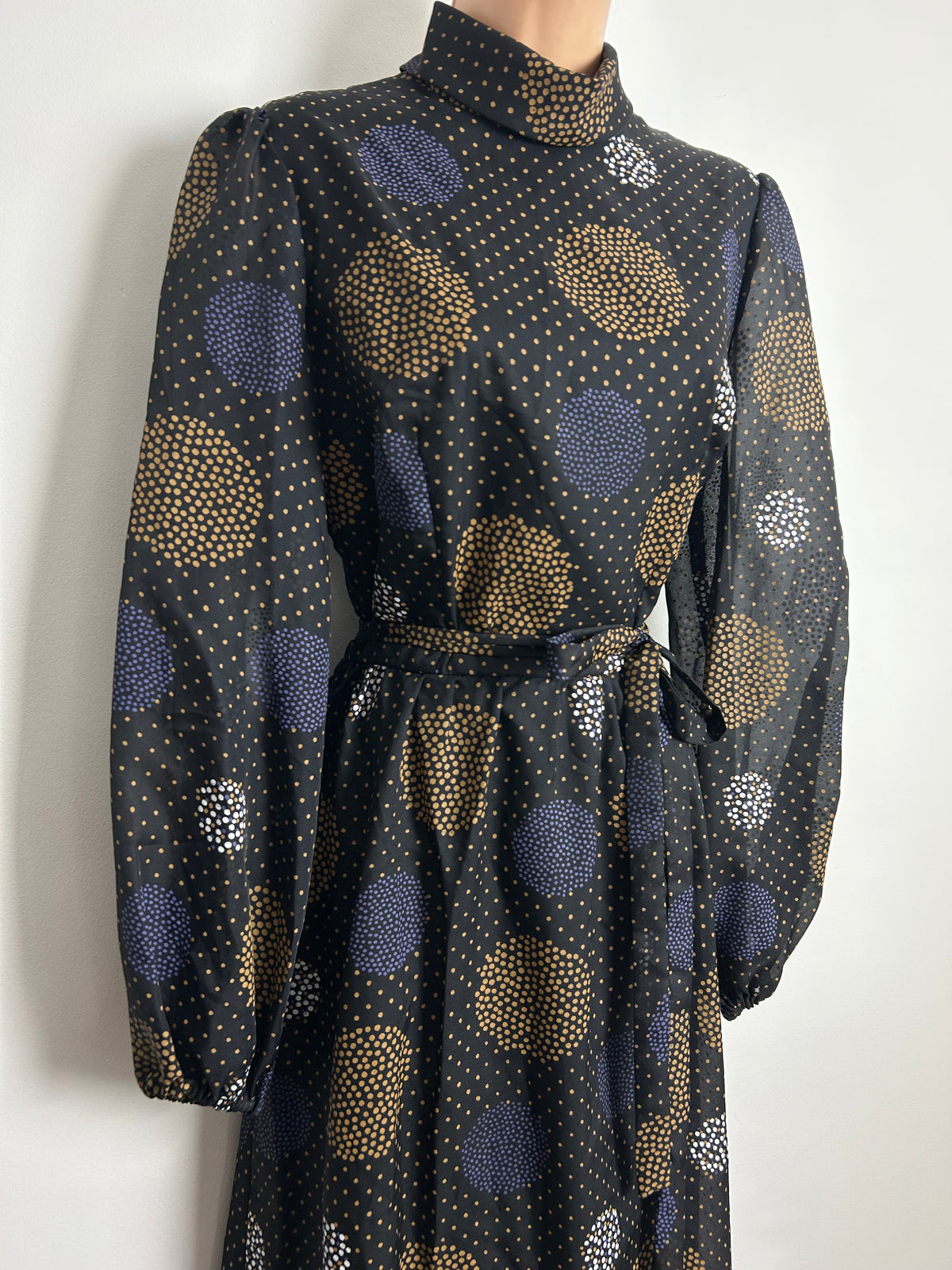 Vintage 1970s Size 12 Black Brown Purple & White Polka Dot Spotty Circle Print Belted Maxi Dress