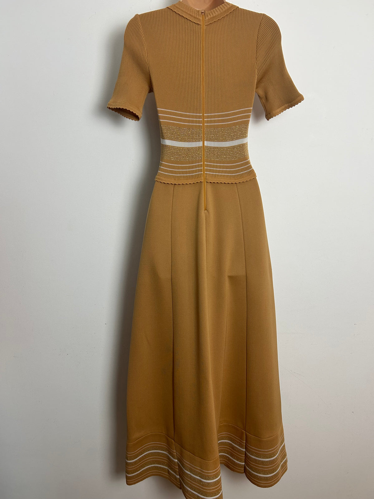 Vintage Early 1970s GINA SOPHISTICATES Up To Size 10 Sandy Beige Ribbed Stripe Pattern Maxi Dress