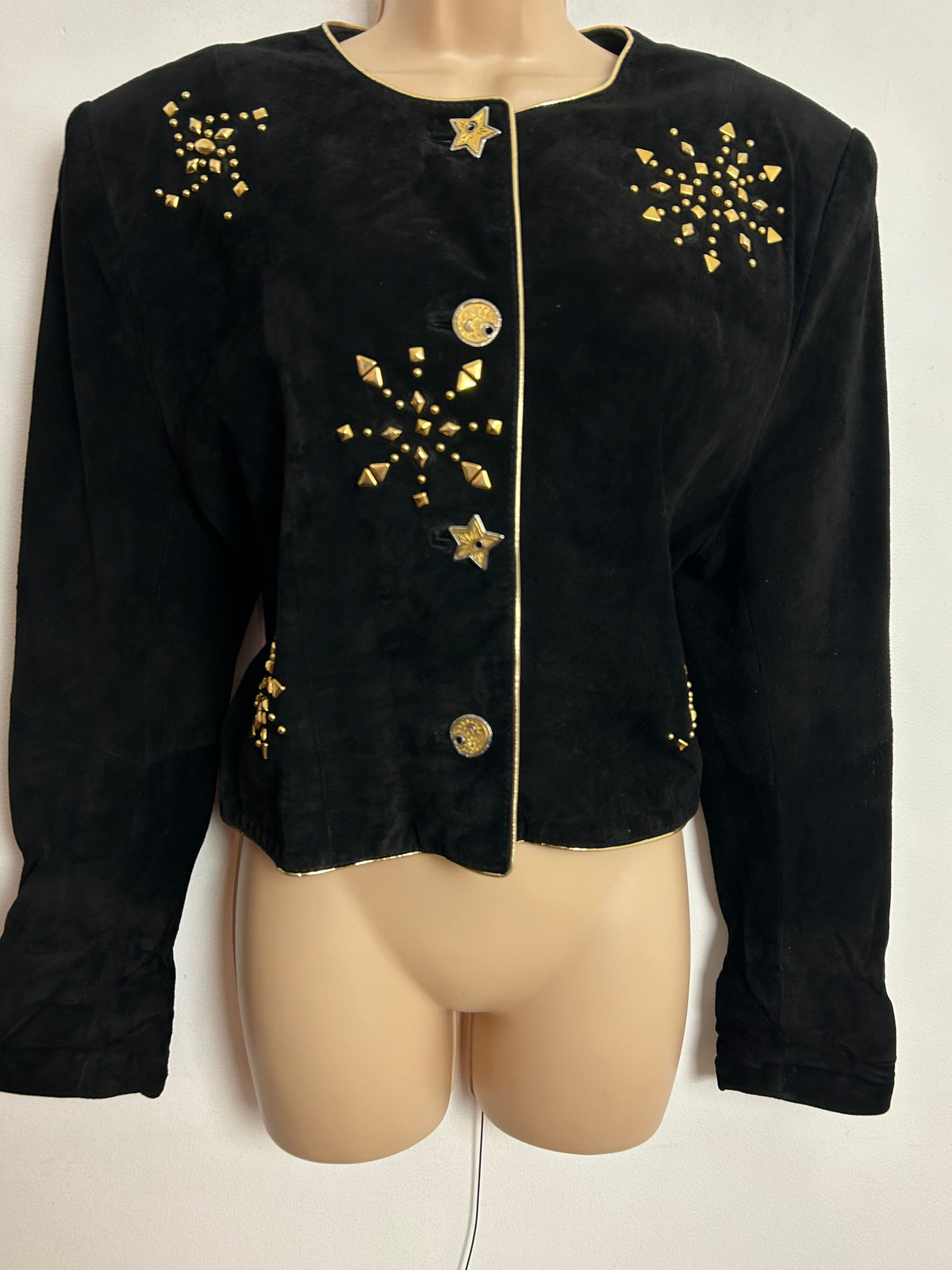 Vintage 1980s YESSICA @ C&A UK Size 12-14 Black Suede Gold Stud Detail Cropped Jacket