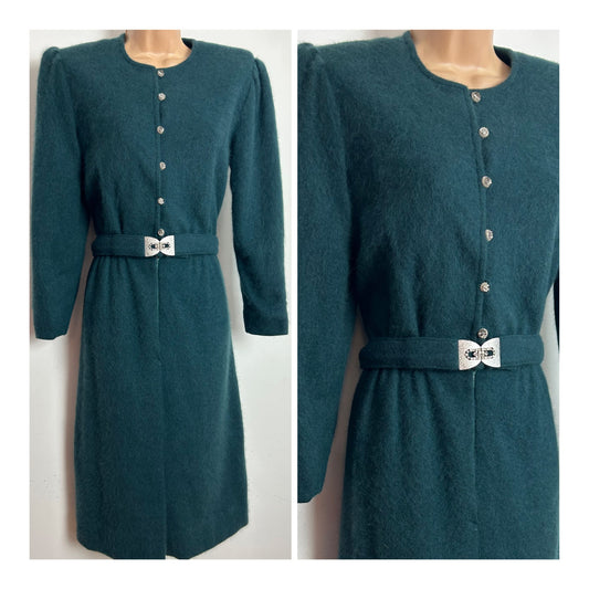 Vintage Early 1980s Size 10-12 Super Soft Teal Green Angora Mix Belted Day Dress