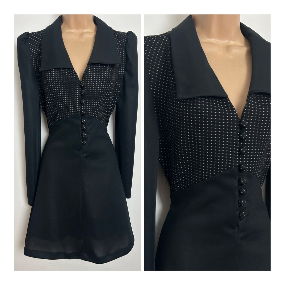 Vintage 1970s Size 8 Black Polka Dot Wide Collar Long Sleeve Tie Back Fit & Flare Mod Dress