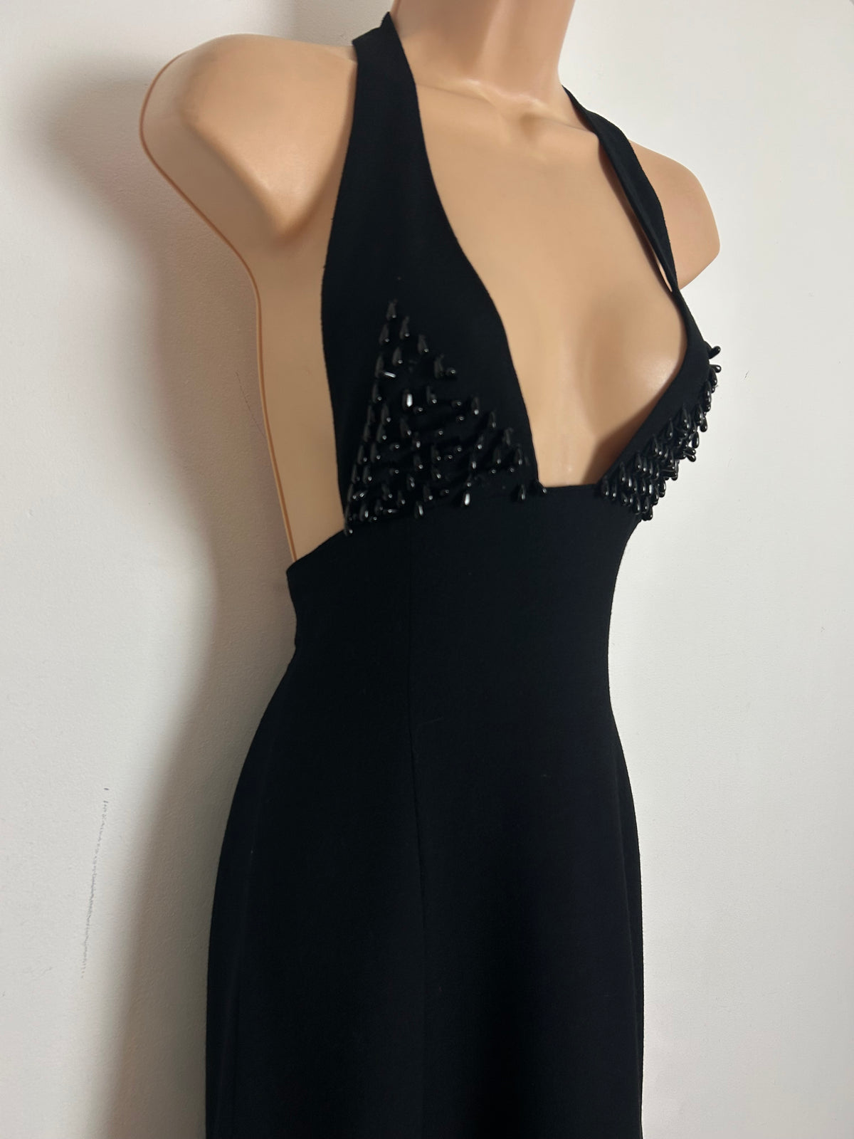 Vintage 1970s Size 8 Black Bead Detail Plunging V-Neck Open Back Occasion Evening Dress