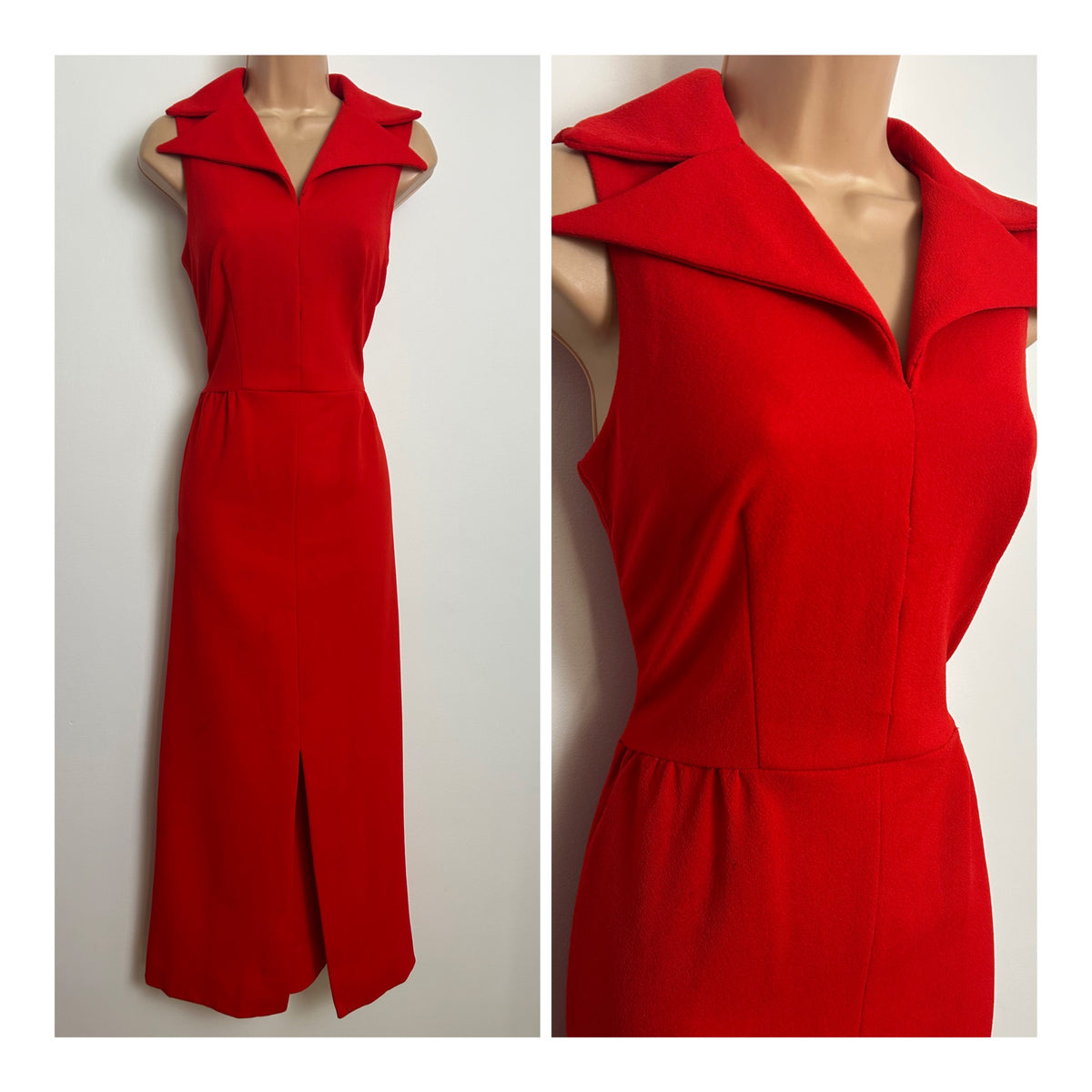 Vintage 1970s Size 8 Red Double Lapel Dagger Collar Sleeveless Maxi Dress
