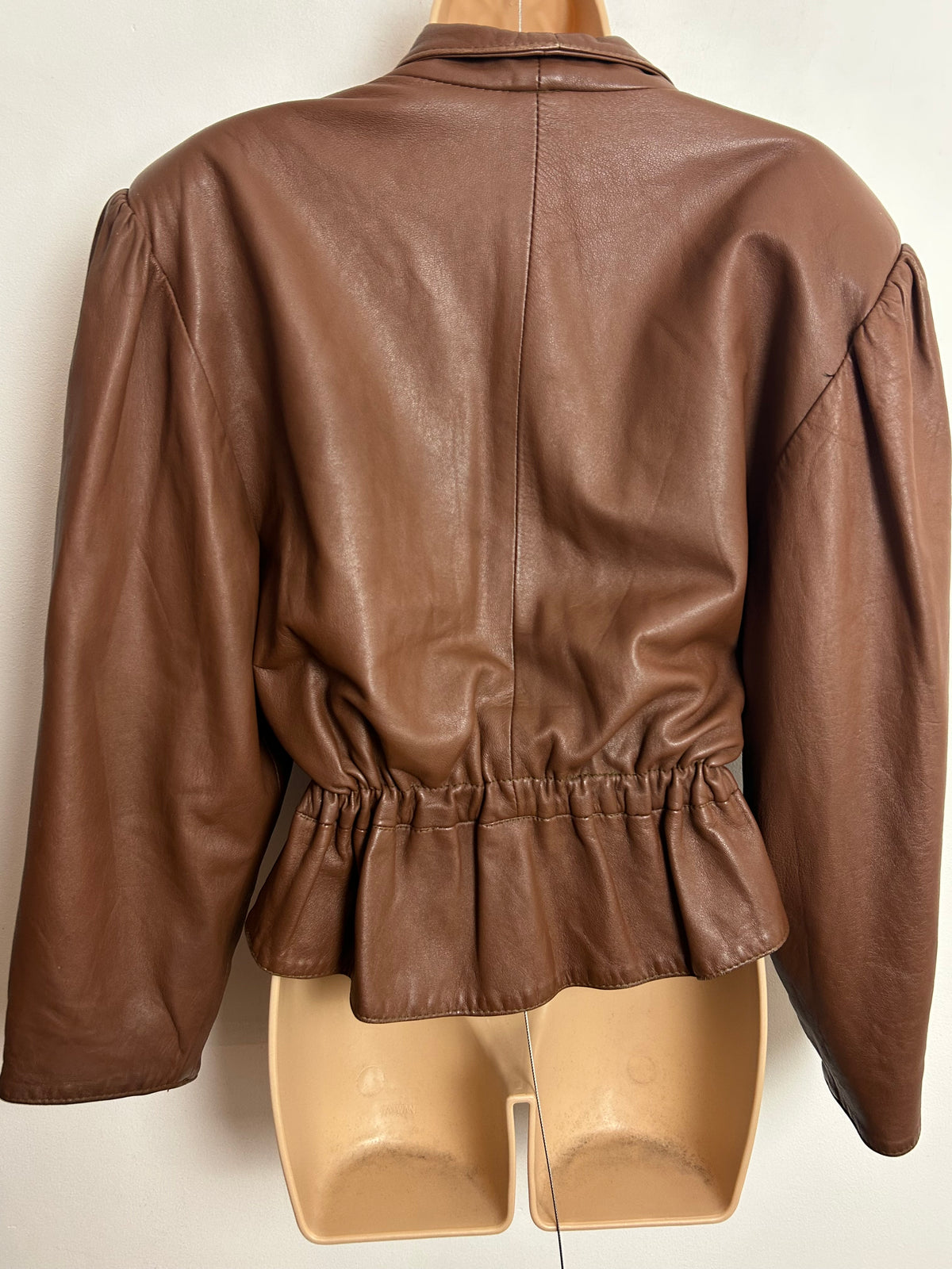Vintage 1980s UK Size 12 Soft Supple Brown Leather Buckle Waisted Peplum Jacket
