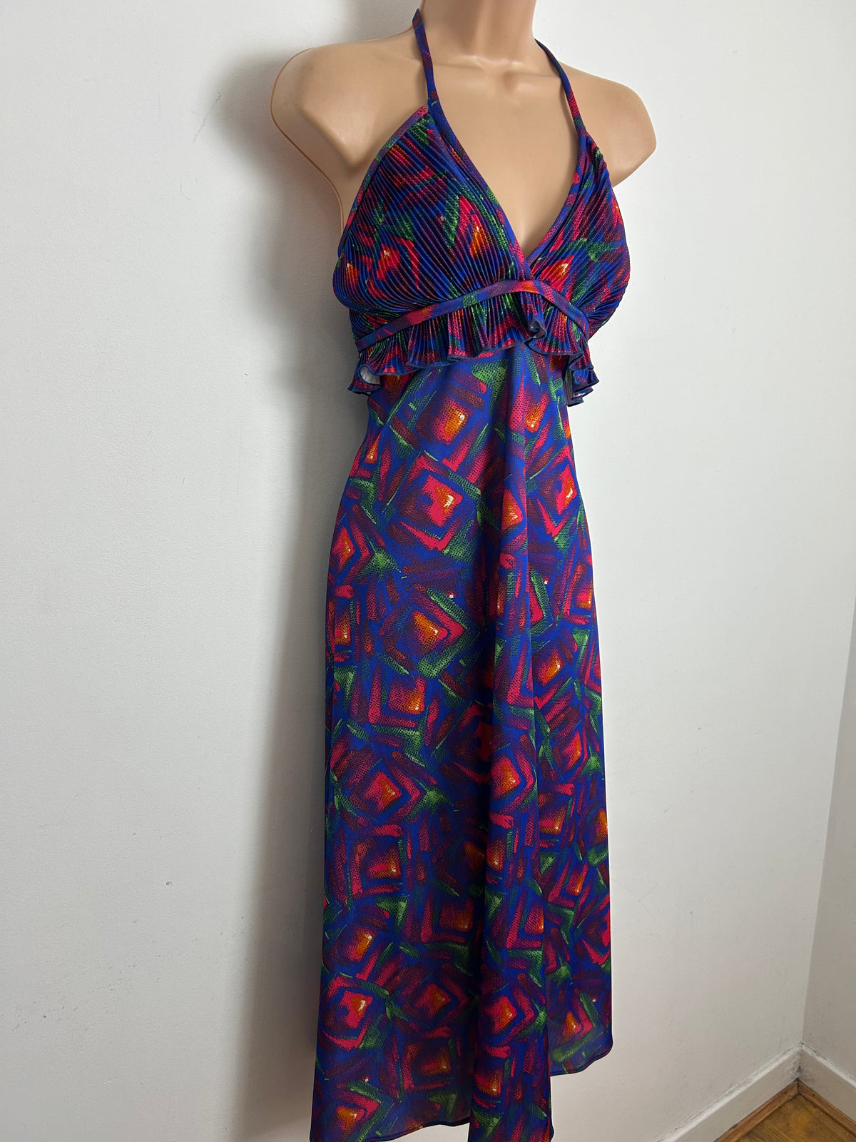 Vintage 1970s AFTER SIX BY RONALD JOYCE Size 10 Blue Red & Green Abstract Check Print Halter Neck Midi Dress