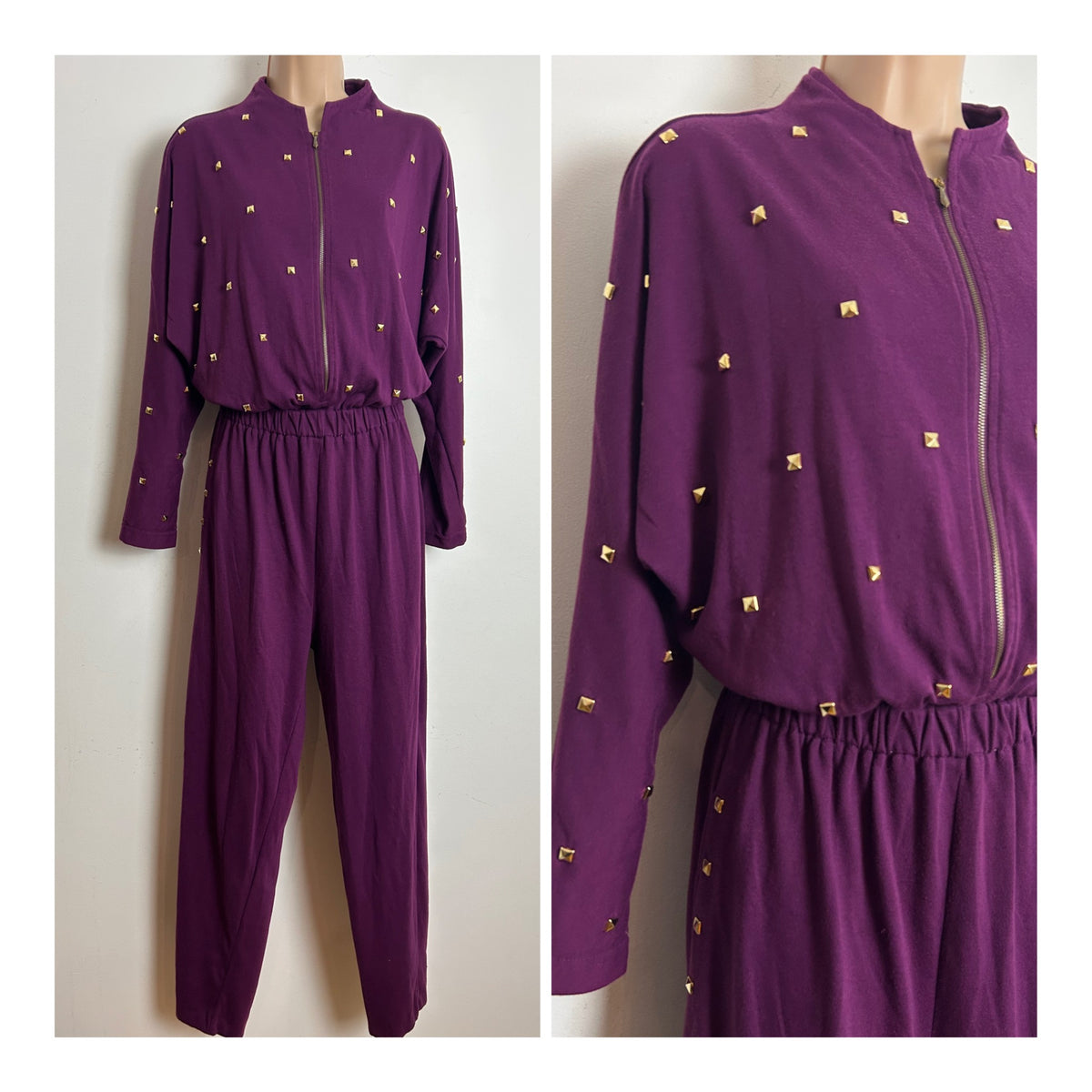 Vintage 1980s STYLES TO GO Size 10-12 Purple Jersey Stud Detail Zip Fronted Casual Jumpsuit
