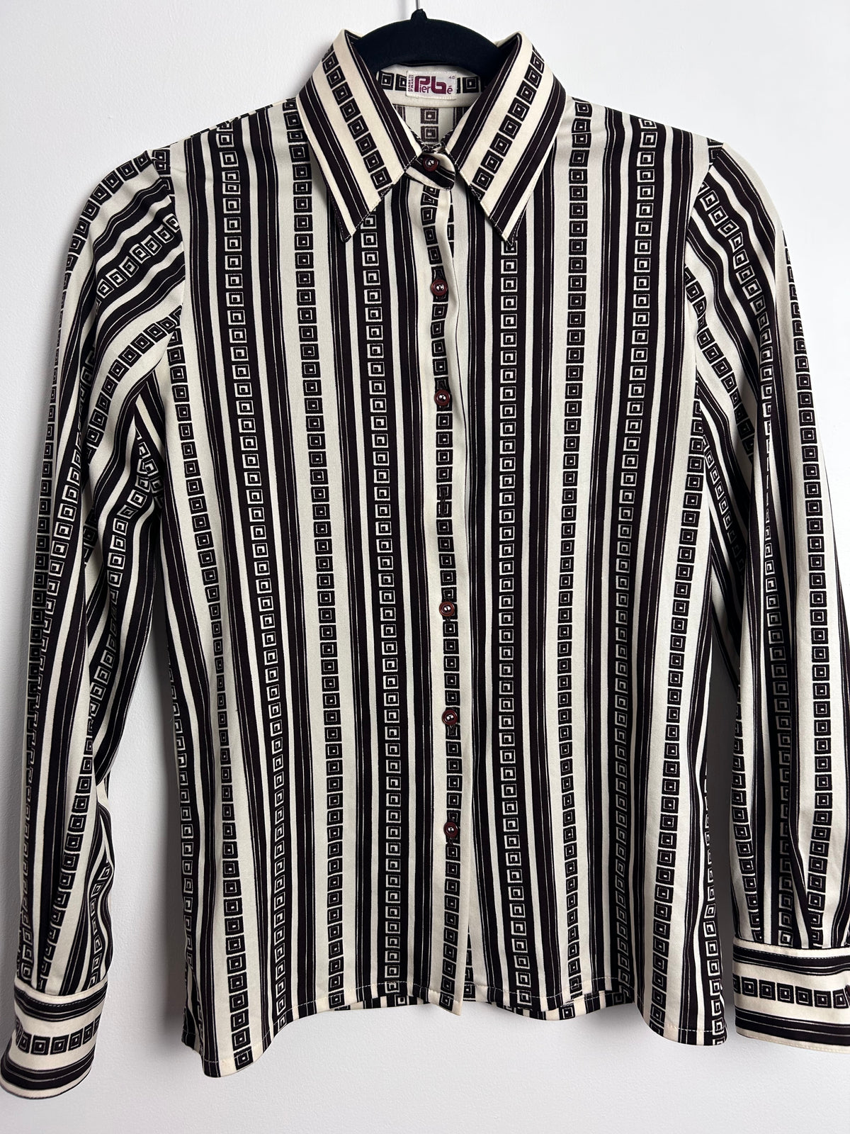 Vintage 1970s PierBe Size 8 Cream & Brown Geometric & Stripe Print Long Sleeve Shirt