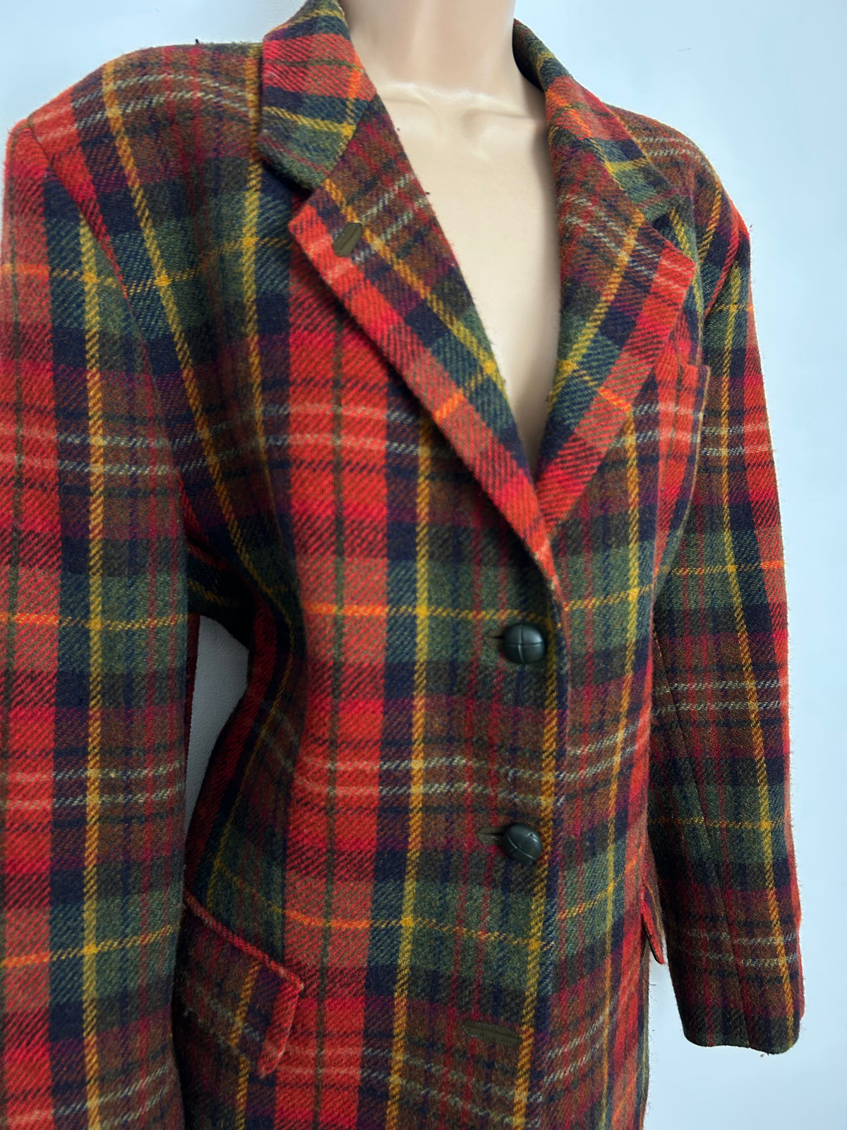 Vintage DAKS SIGANTURE Size 14-16 Red Green & Yellow Tartan Check Wool Blazer Jacket With Elbow Patches