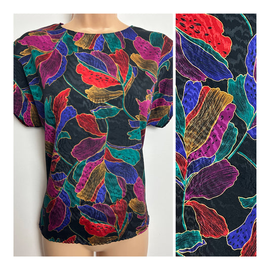 Vintage 1980s MAGGIE LAWRENCE Size 10-12 Black Multi Colour Floral Print Short Drop Sleeve Blouse