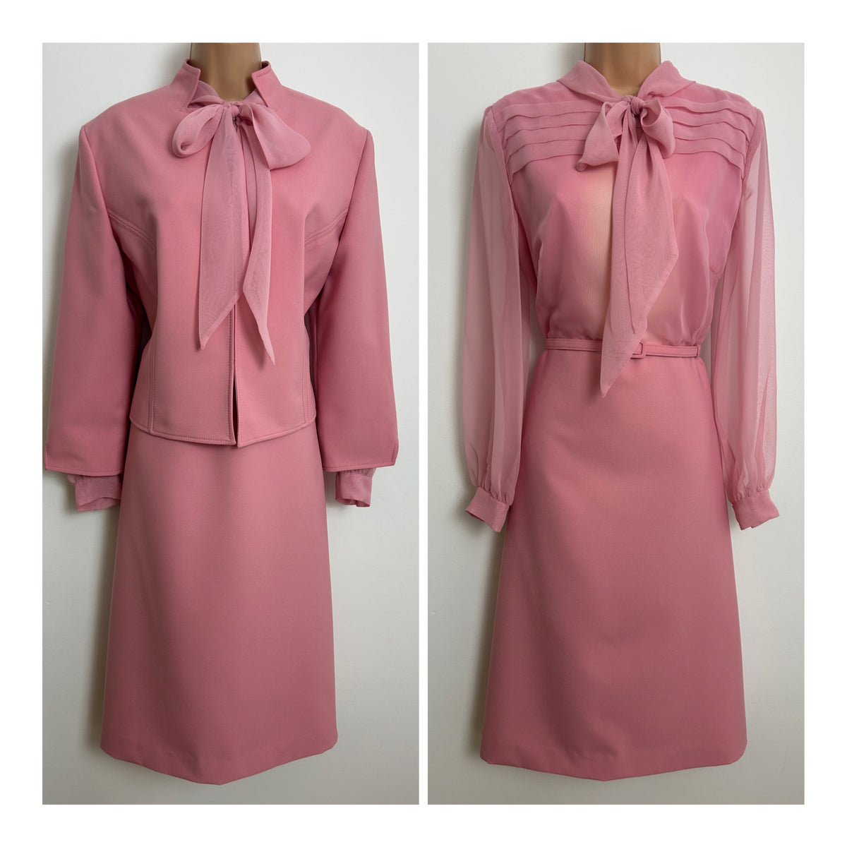 Vintage 1960s PEGGY FRENCH COUTURE Size 12 Pale Pink Pussy Bow Tie Mod Dress & Matching Jacket