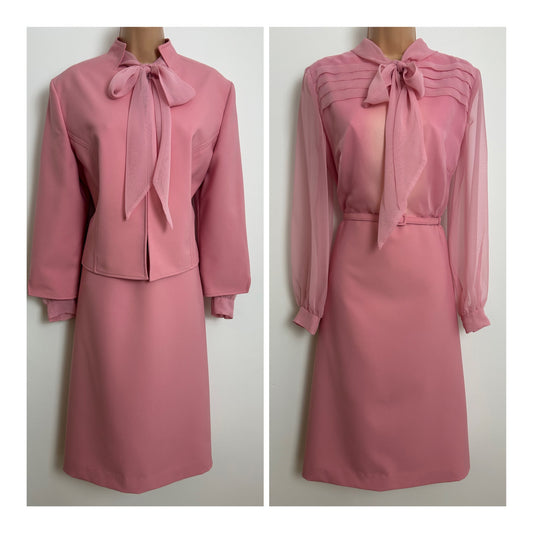 Vintage 1960s PEGGY FRENCH COUTURE Size 12 Pale Pink Pussy Bow Tie Mod Dress & Matching Jacket