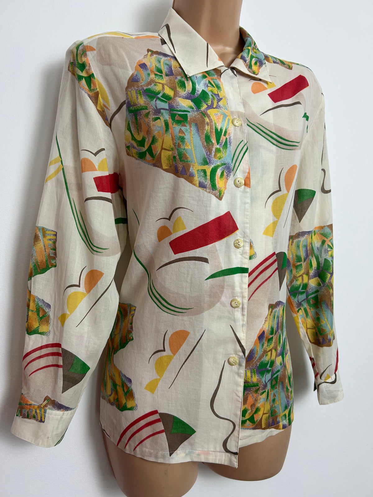 Japanese Vintage Early 1980s Size 14 Cream Red Green Yellow Abstract Print Cotton Long Sleeve Shirt