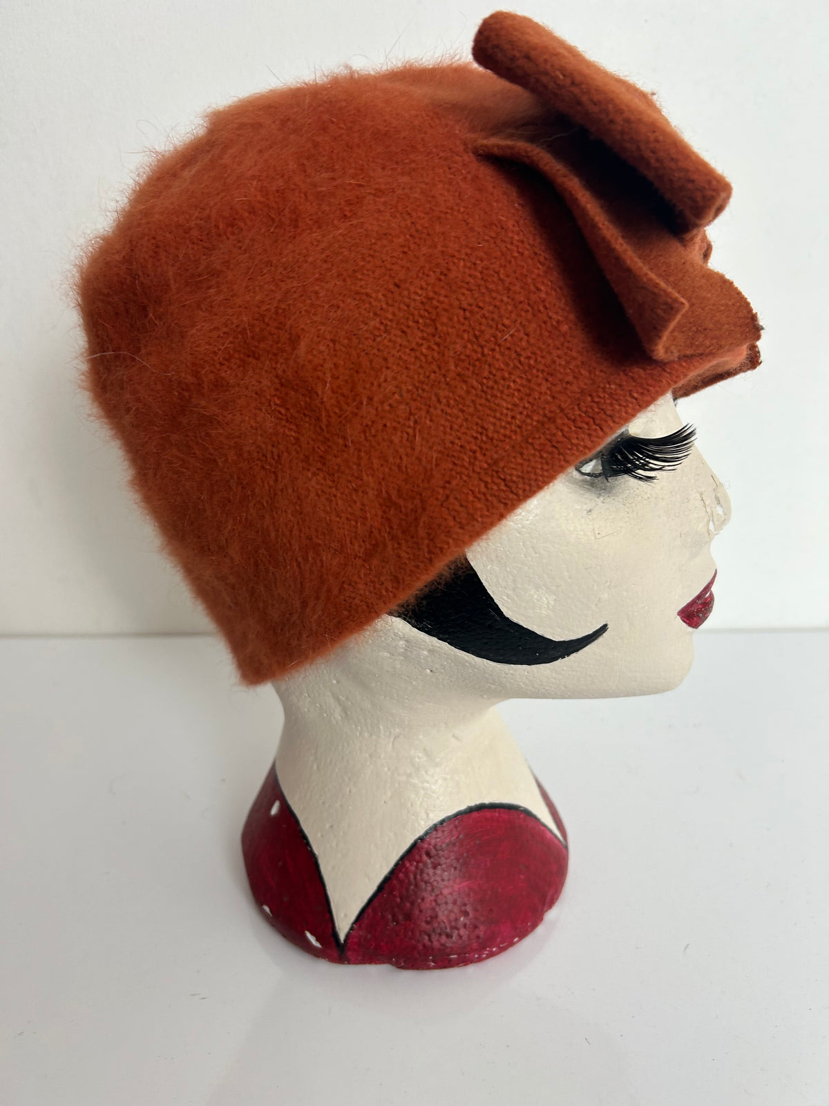 Vintage Rusty Orange Angora & Wool Mix Bow Detail Beanie Hat