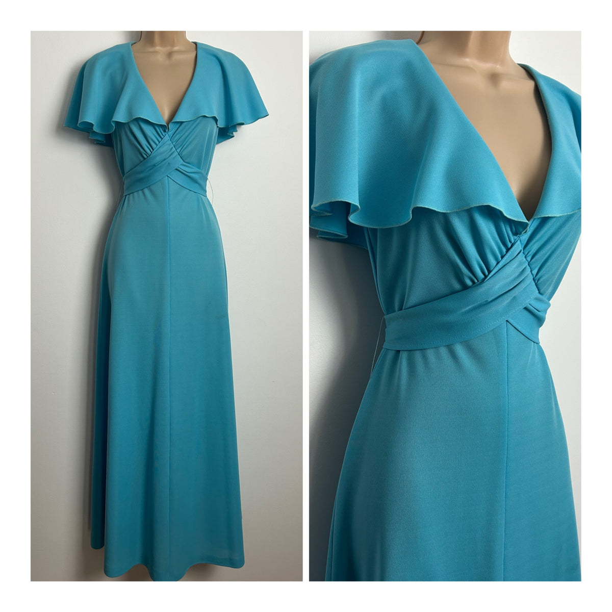 Vintage 1970s RICHARD SHOPS Size 8 Pale Blue Cape Collar Tie Back Maxi Dress