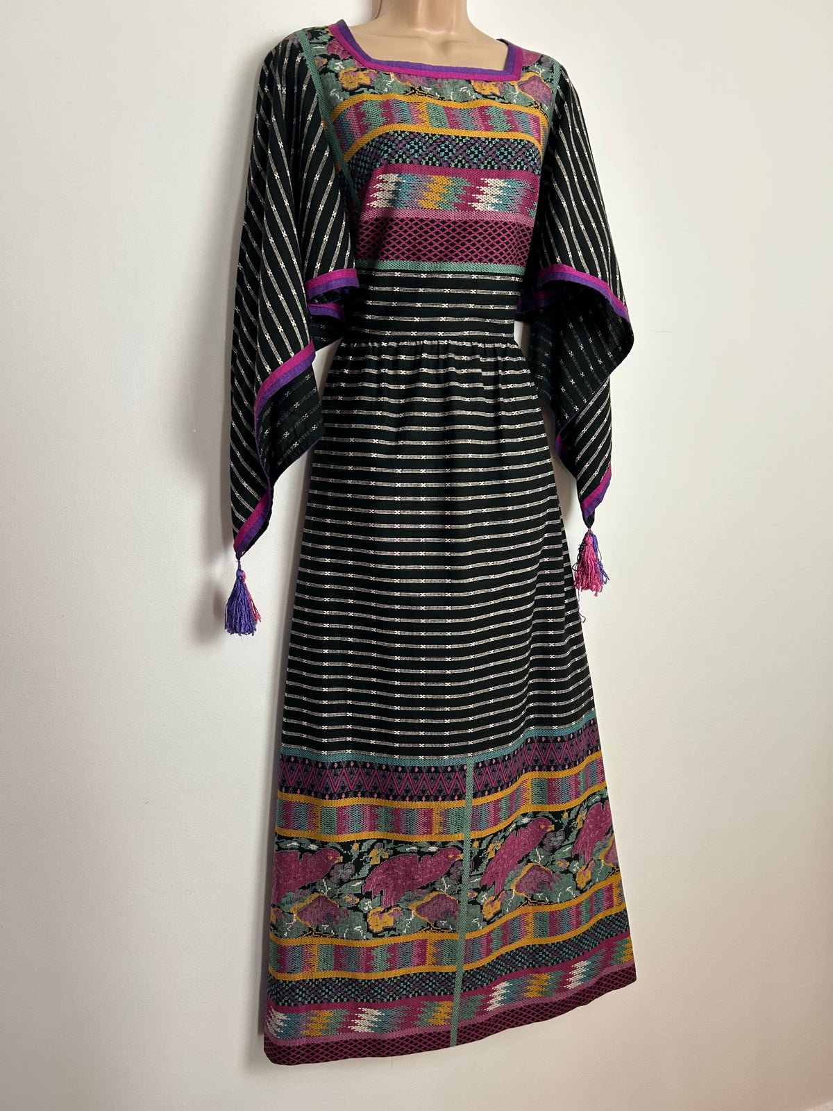 Vintage 1970s LUCIE LINDEN Size 8 Black White Green & Dark Yellow Cotton Pointed Tassel Sleeve Boho Maxi Dress
