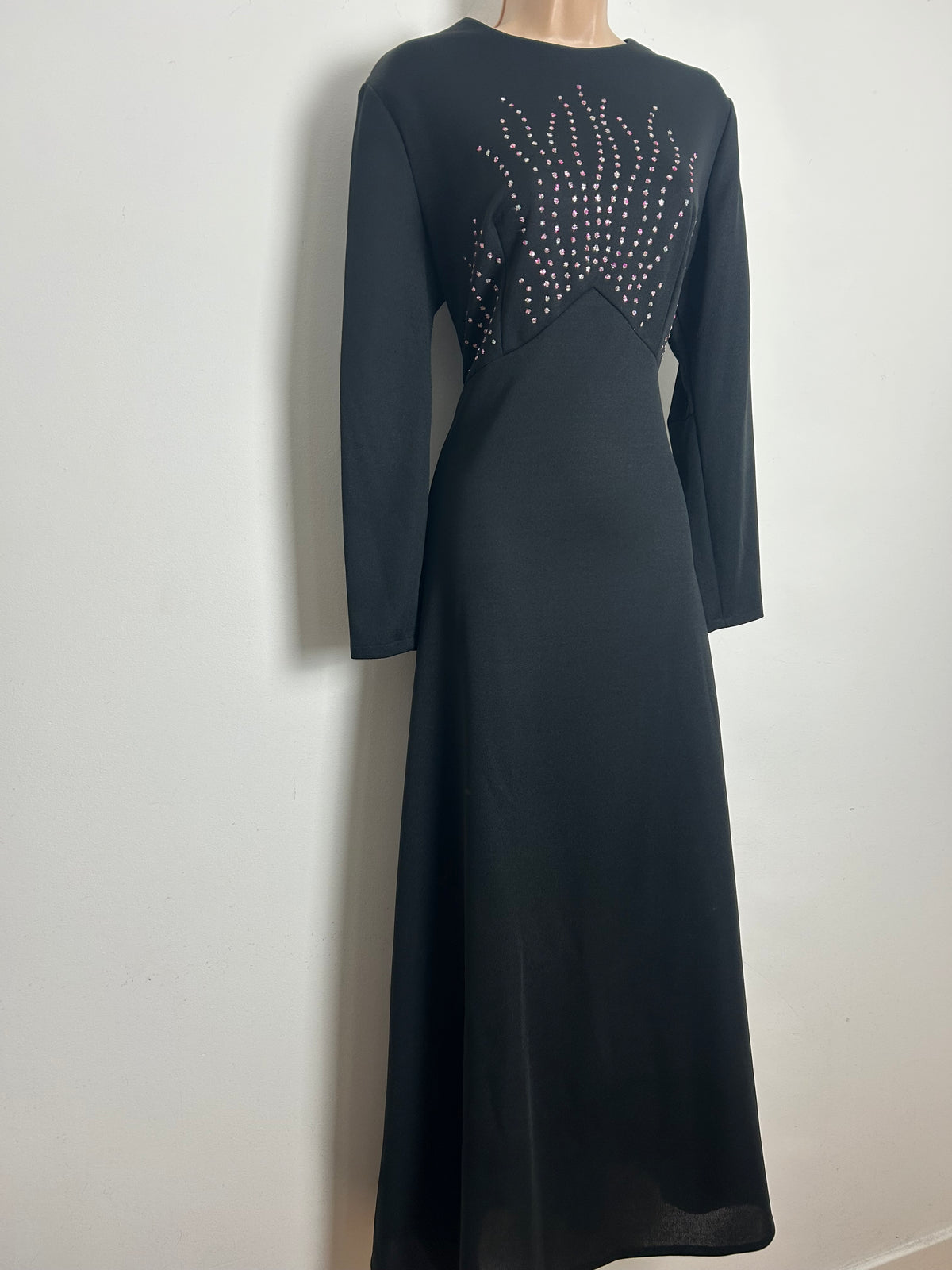 Vintage 1970s BELLE OF MY HEART Size 12 Black Glitter Detail Occasion Evening Maxi Dress