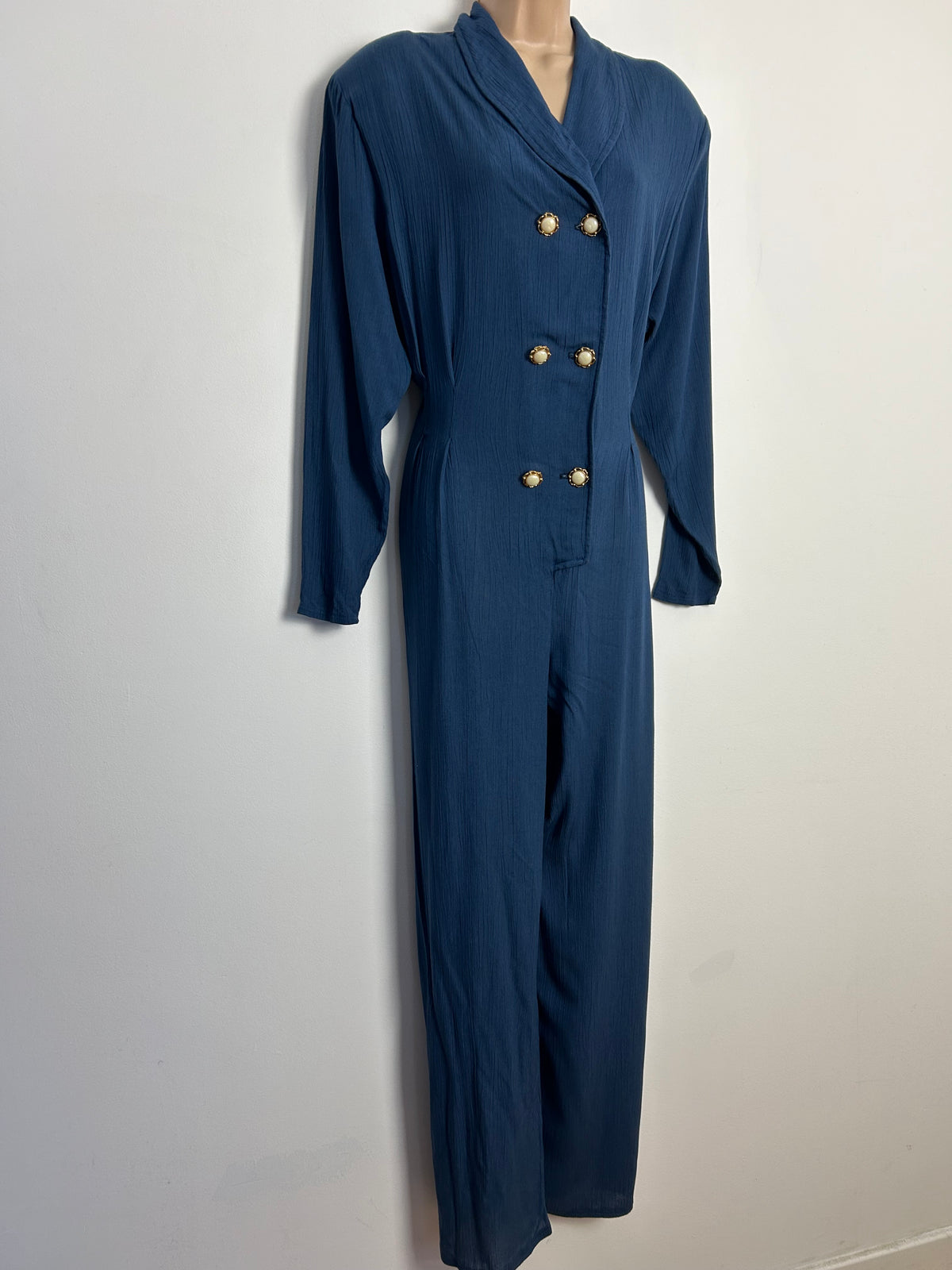 Vintage 1980s UK Size 14 Dark Midnight Blue Crinkle Fabric Double Breasted Long Sleeve Jumpsuit