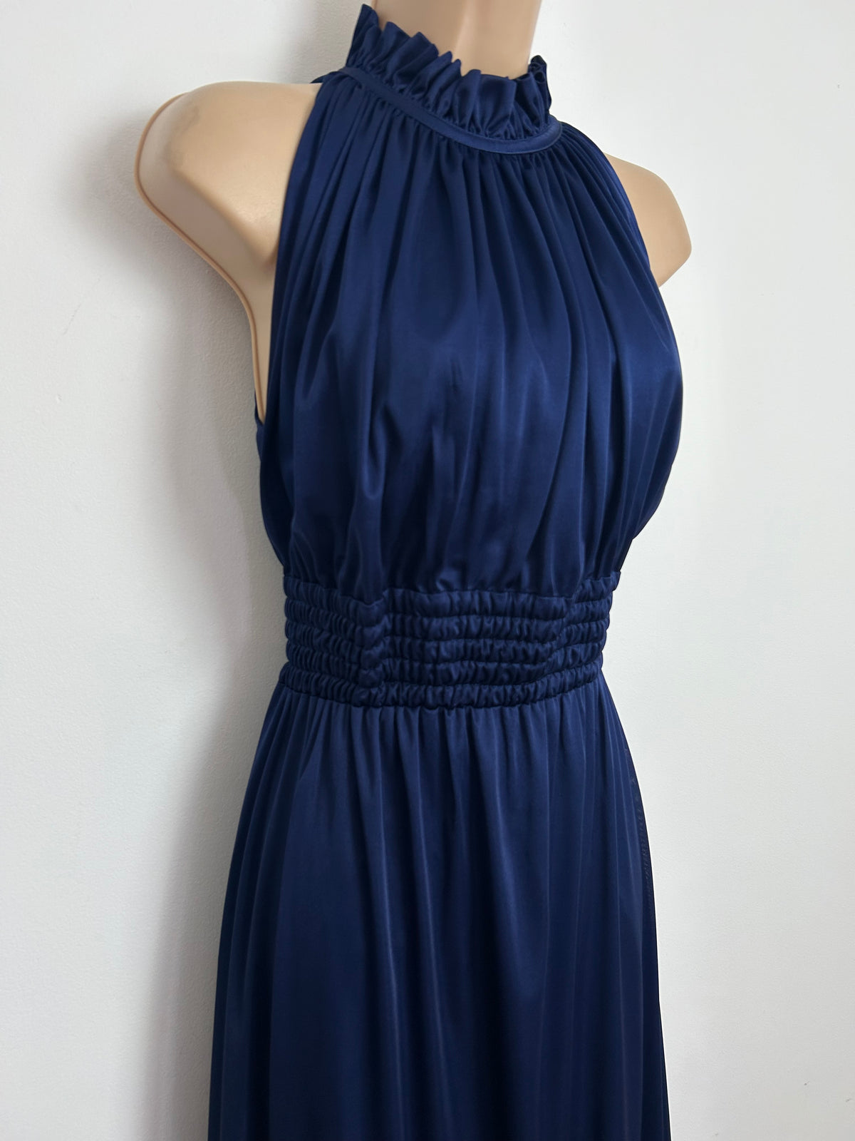 Vintage 1980s HOFFMAN Size 10 Navy Blue Sleeveless Shirred Waist Occasion Evening Maxi Dress