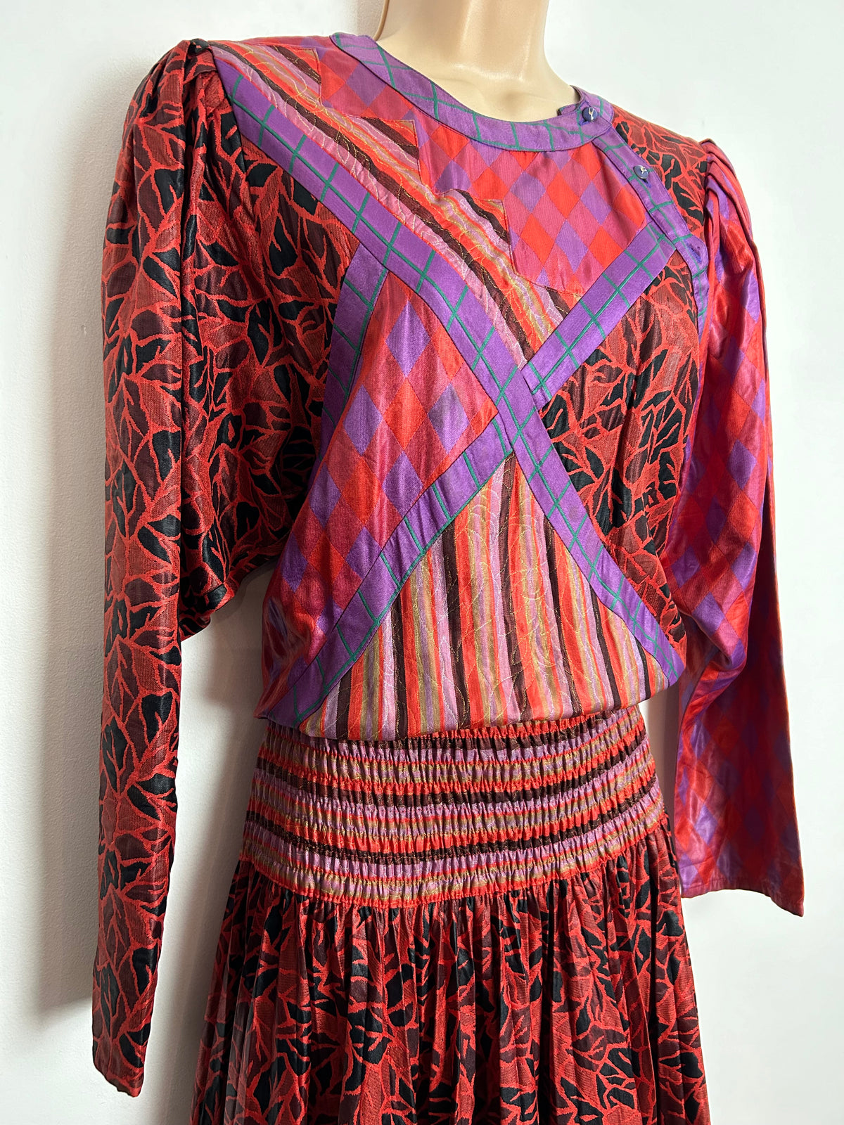 Vintage 1980s DIANE FREIS UK Size 12 AMAZING Orange Mix Abstract Print Long Sleeve Maxi Dress