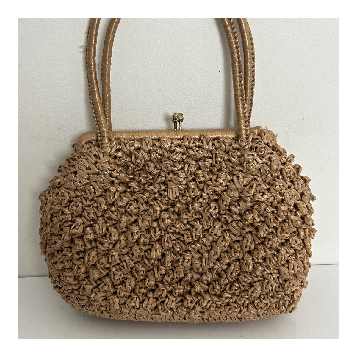Vintage 1950s Handmade Beige Woven Raffia Style Top Handle Handbag