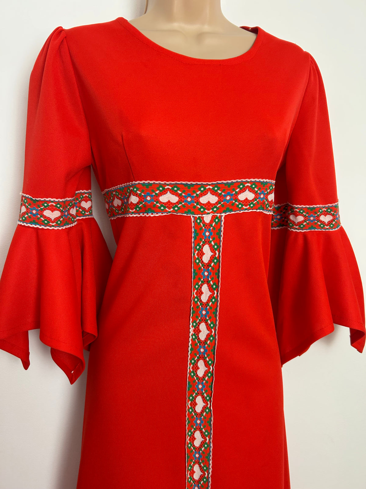 Vintage 1970s Size 10 Red & White Heart Braid Trim  Flared Cuff Boho Midaxi Dress