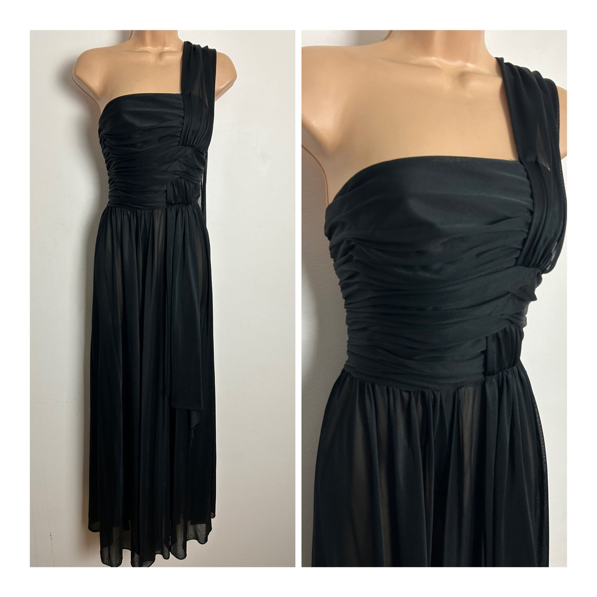 Vintage 1970s JOHN CHARLES Size 8 Black One Shoulder Draped Evening Occasion Maxi Dress