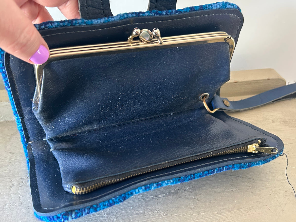 Vintage Blue Welsh Wool Tapestry Large Purse With Wrist Strap
