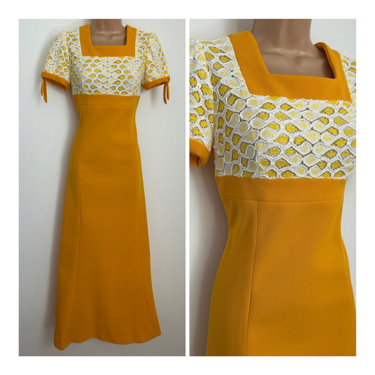 Vintage 1960s Size 10 Mustard Yellow & white Lace Bodice Short Sleeve Occasion Maxi Dress