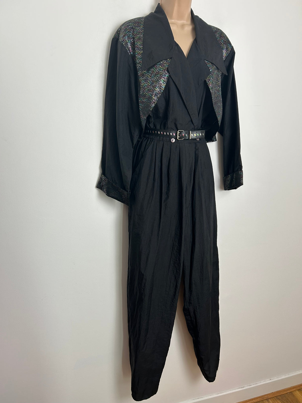 Vintage 1980s Size 12 Black & Metallic Multicolour Mock Waistcoat Style Belted Disco Jumpsuit