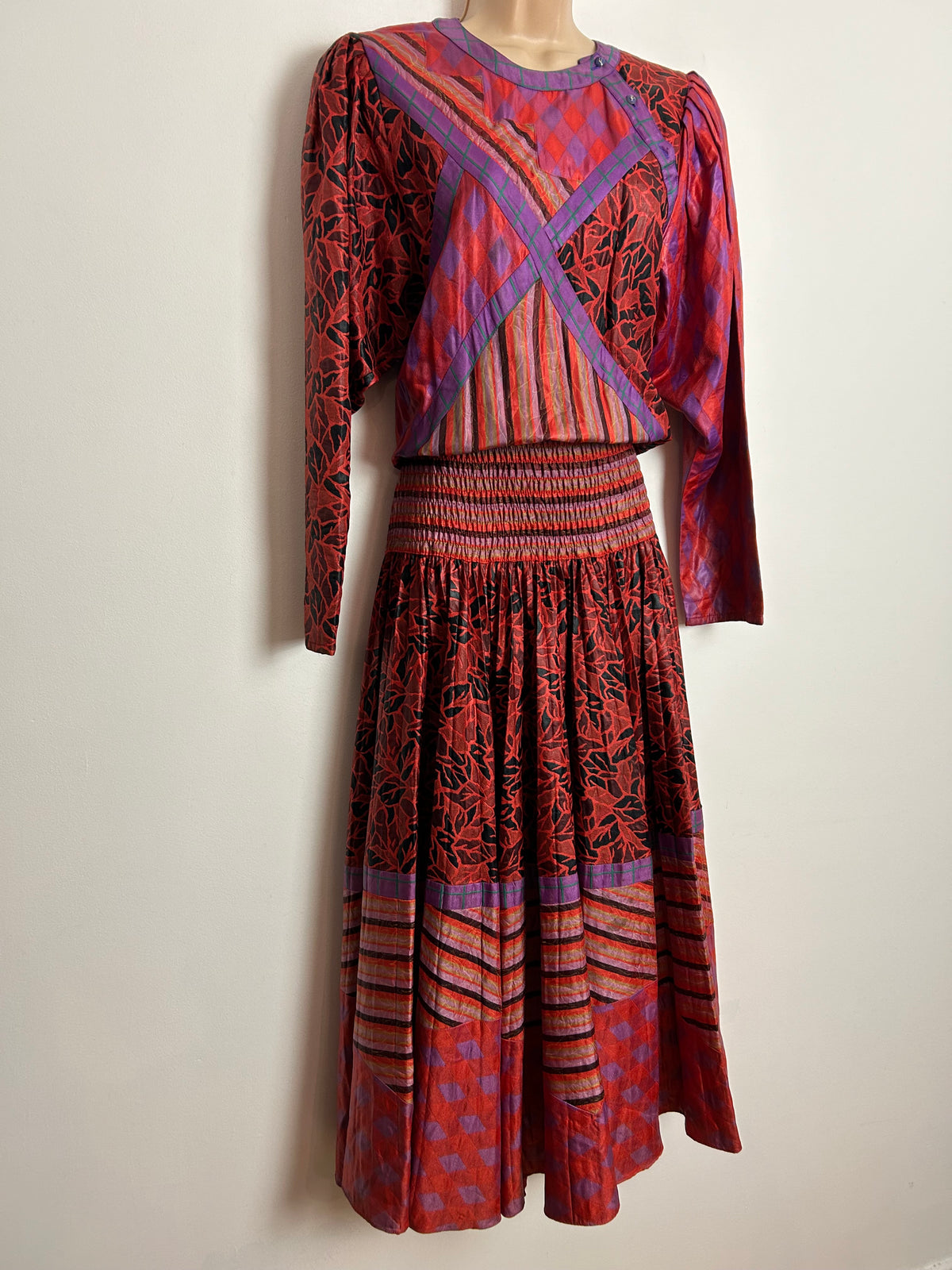 Vintage 1980s DIANE FREIS UK Size 12 AMAZING Orange Mix Abstract Print Long Sleeve Maxi Dress