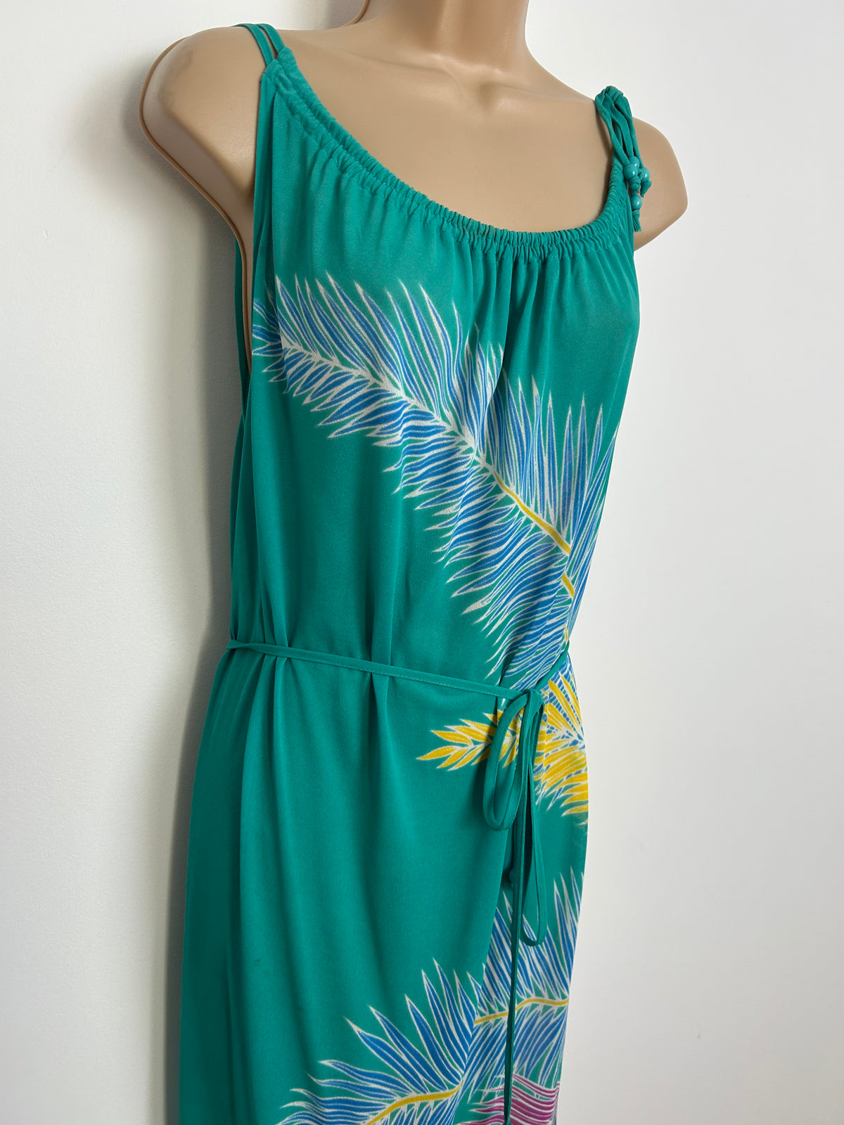 Vintage Early 1980s FURSTENBERG Size 12 Jade Green Blue Yellow & Pink Leaf Print Belted Sundress
