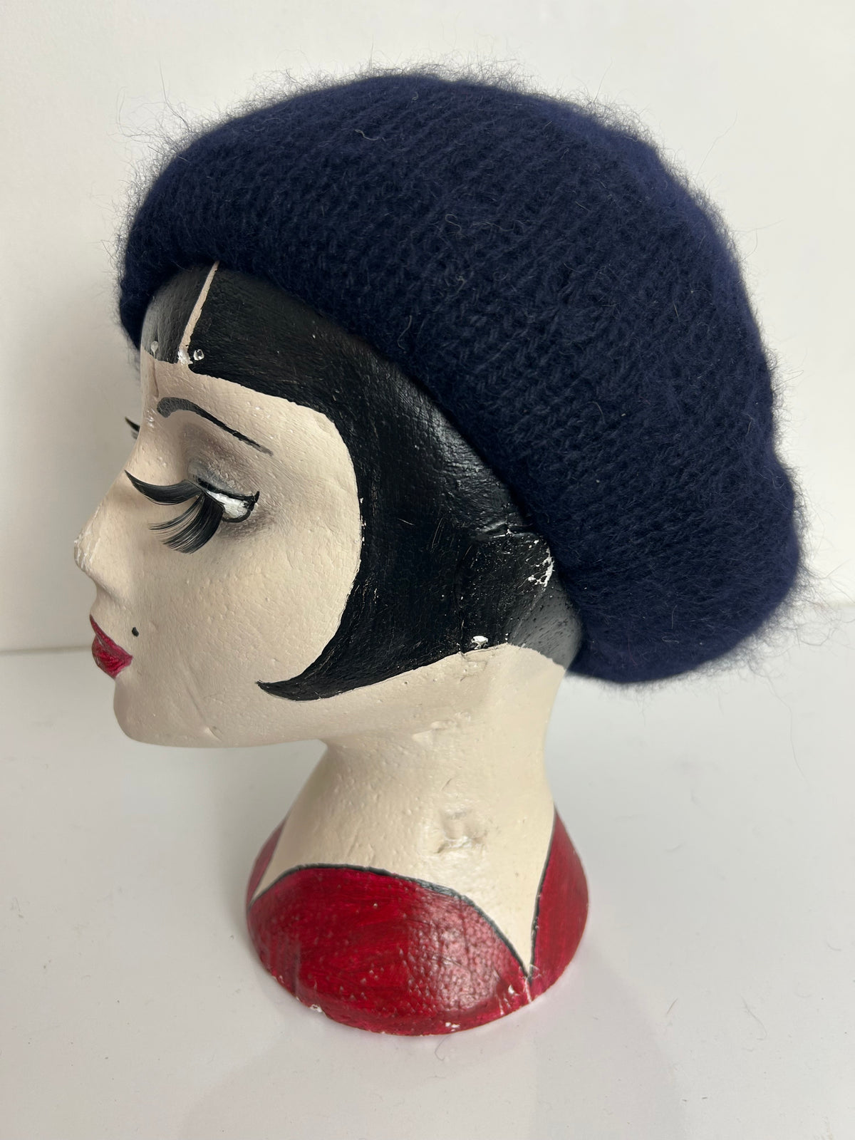Vintage Navy Blue Angora Mix Chunky Knit Beret/Beanie Style Hat