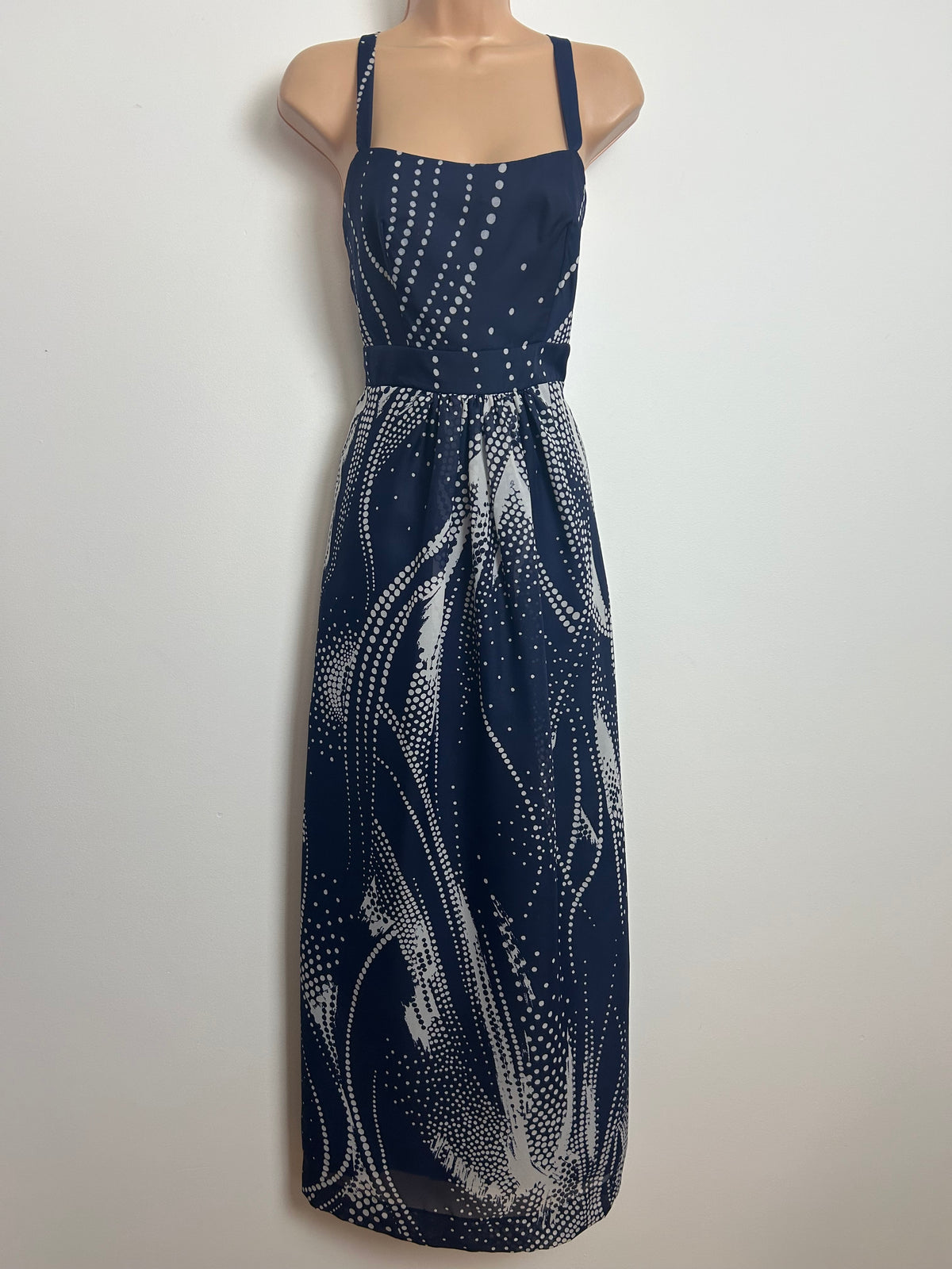 Vintage 1970s Size 6 Navy Blue & White Spotty Print Cross Strap Summer Occasion Maxi Dress