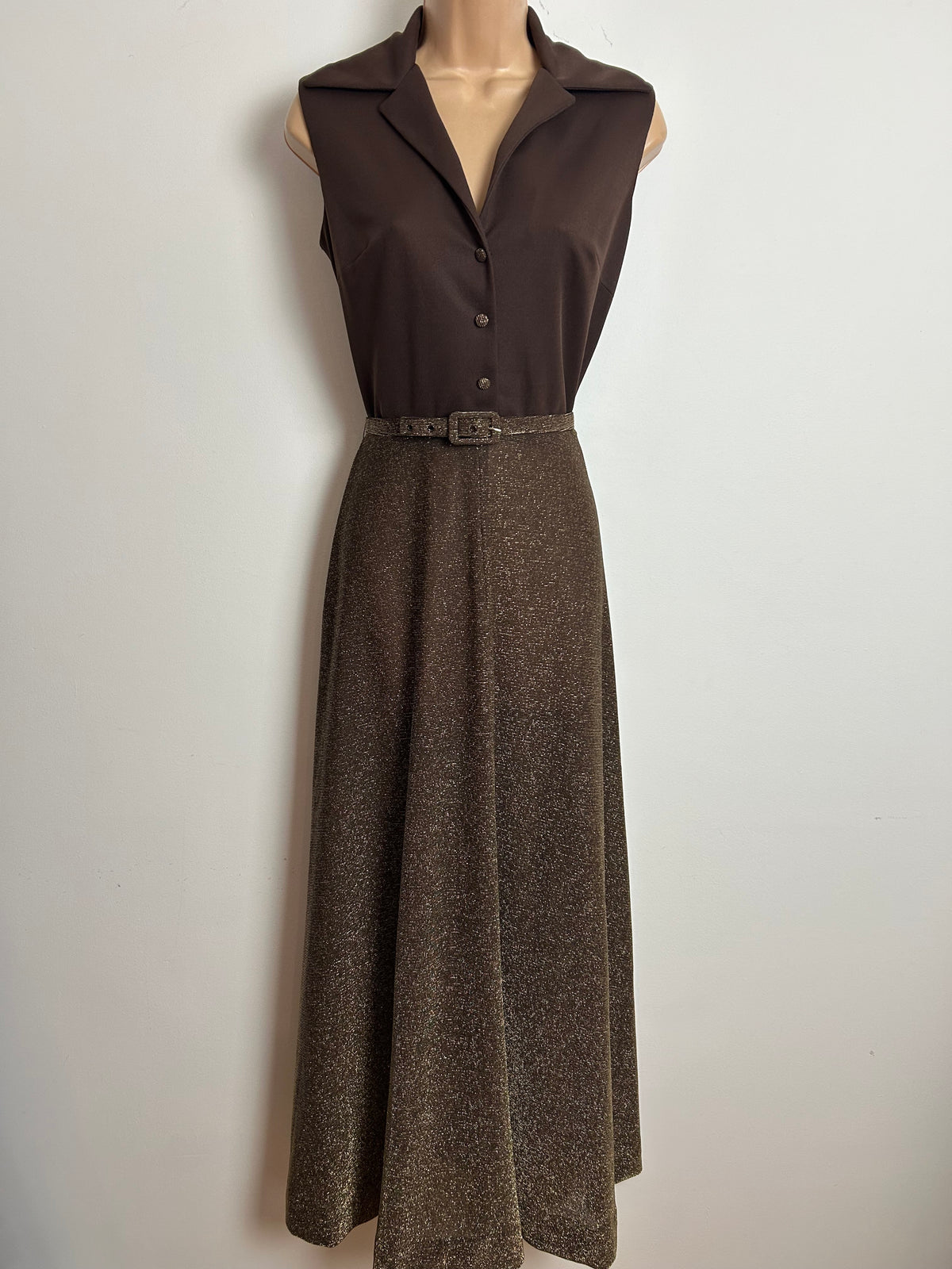 Vintage 1970s KITTY COPELAND Size 8 Brown Lurex Sleeveless Belted Occasion Maxi Dress