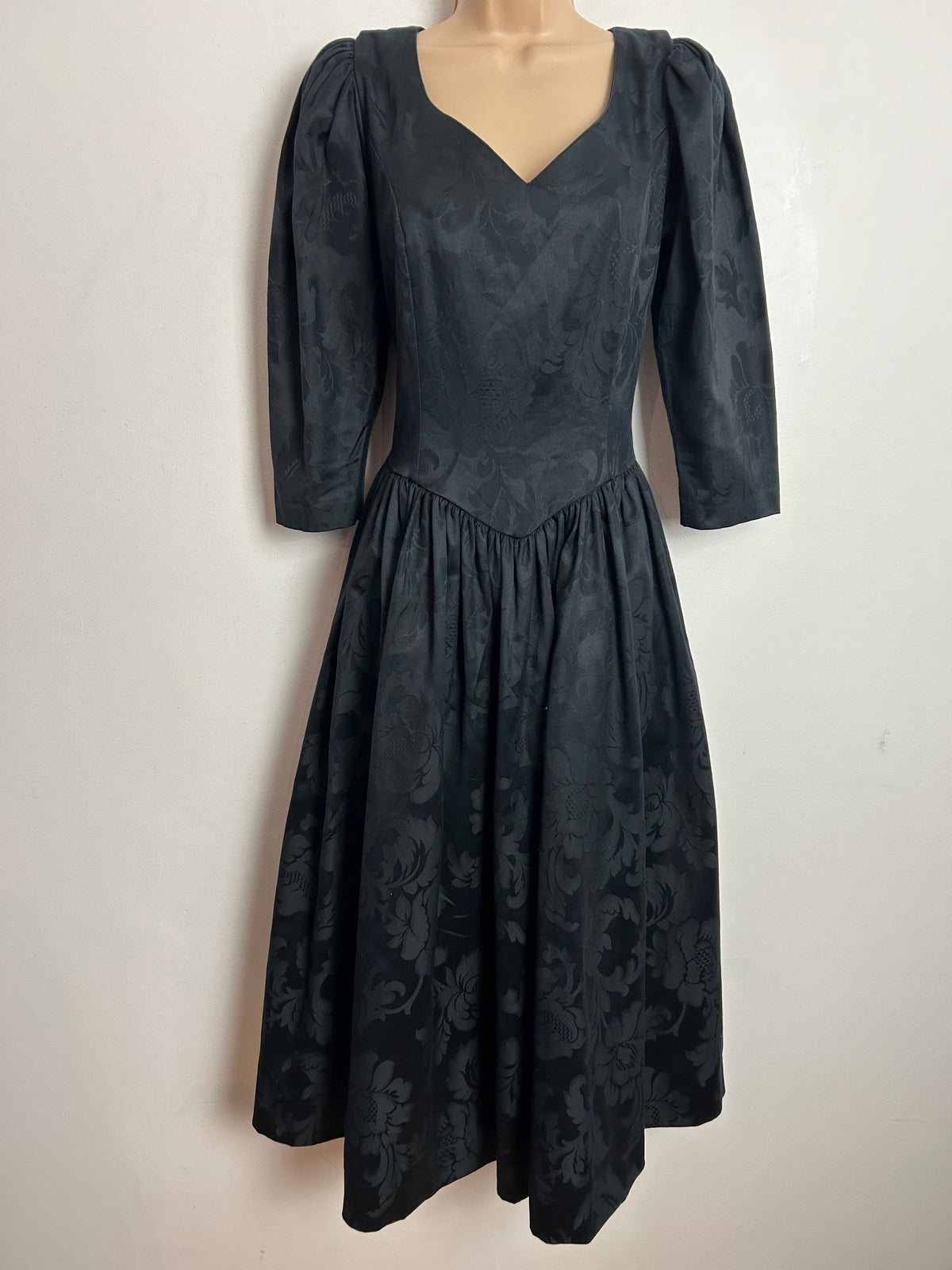 Vintage 80s LAURA ASHLEY UK 10 (Size 14 On Label) Black Embossed Damask Pleated Midi Dress