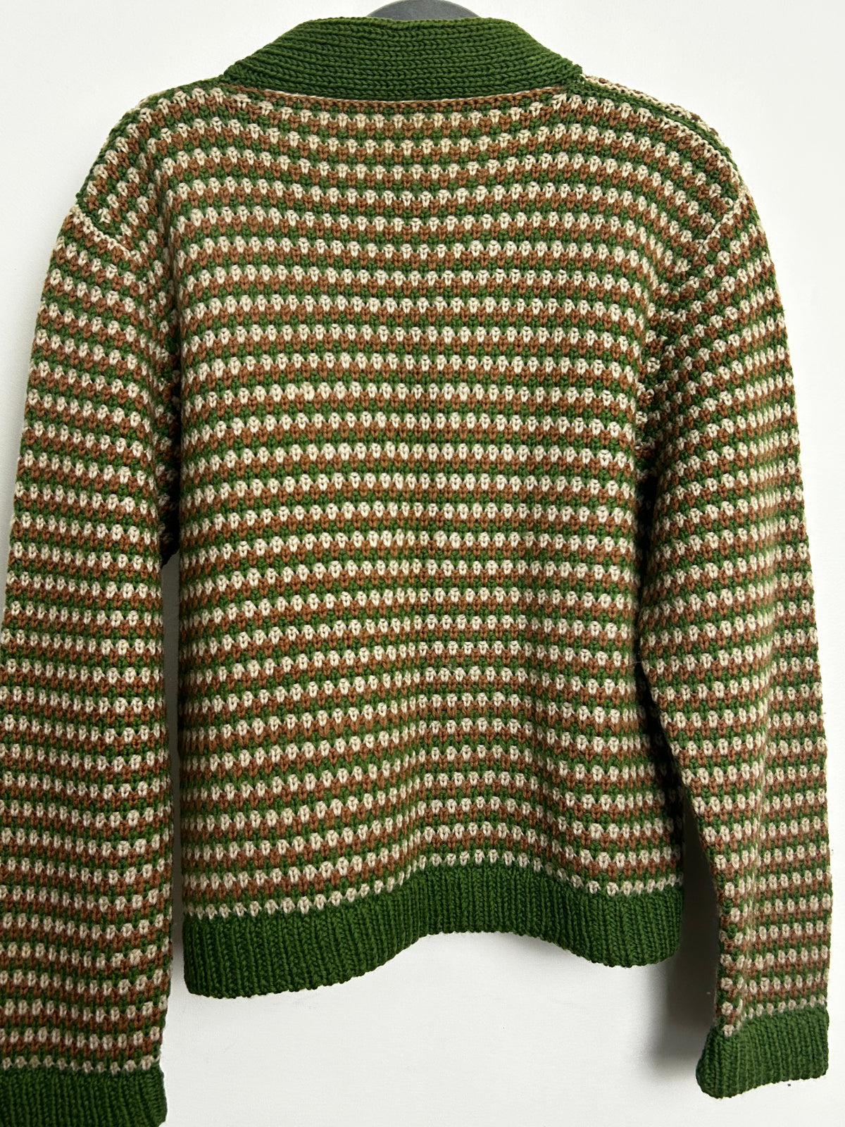 Vintage 1960s Size 10-12 Green Brown & Cream Chunky Knit Wool Cardigan