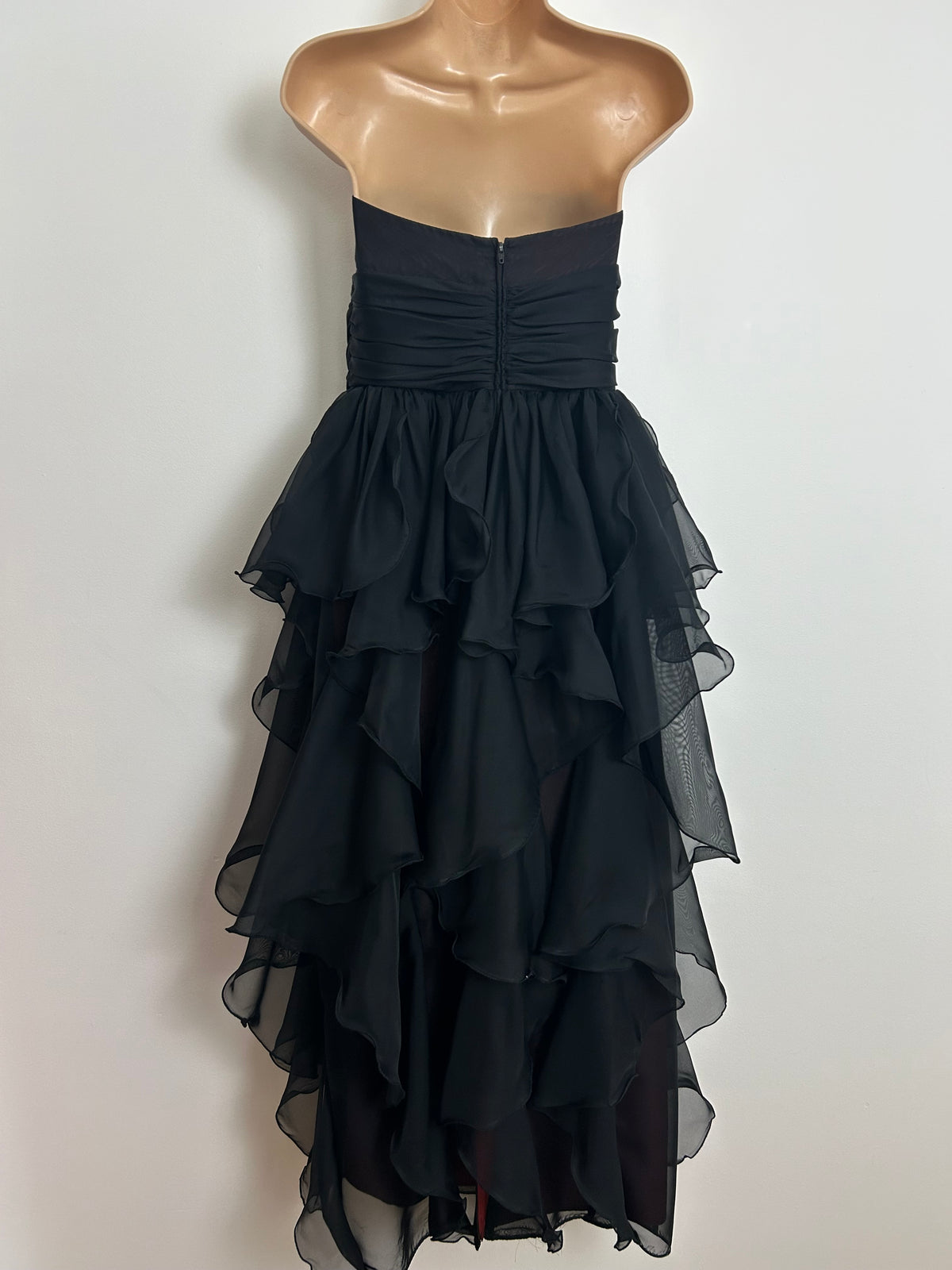 Vintage Early 1980s FRANK USHER Size 10 Black Strapless Layered Evening Cocktail Occasion Dress