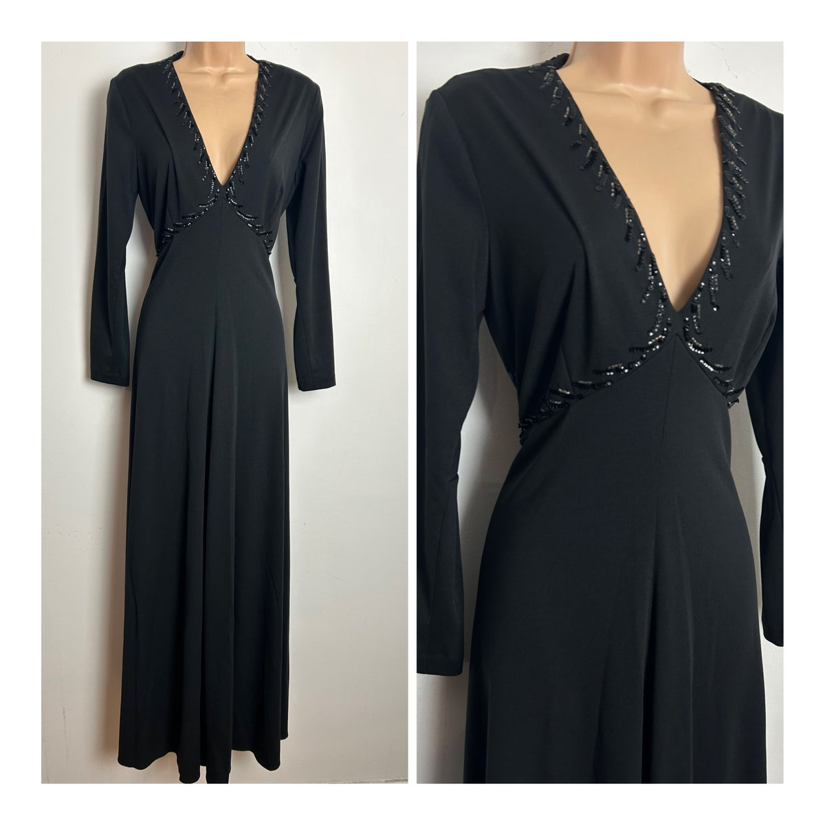 Vintage 1970s TRINA LEWIS & MARJON COUTURE Size    Black Sequin & Bead Detail Long Sleeve Evening Maxi Dress