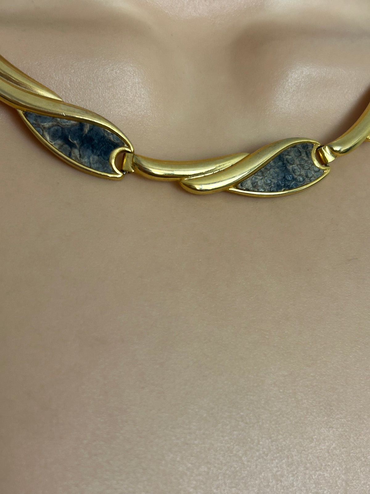 Vintage Gold Tone & Faux Leather Set Fancy Panelled Choker Necklace