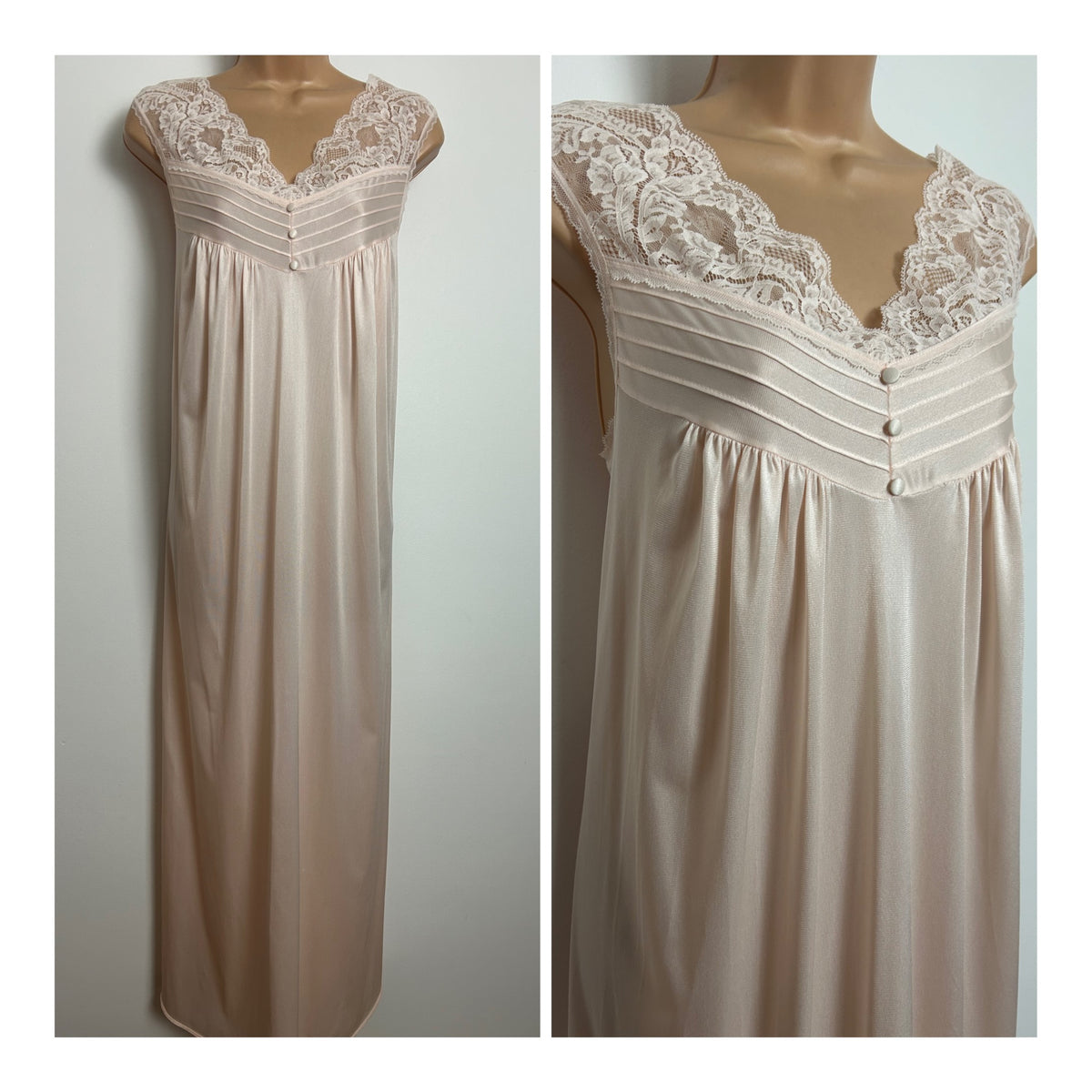 Vintage 1970s Size 12 Pale Nude Peach Lace Trim Full Length Negligee Nightgown