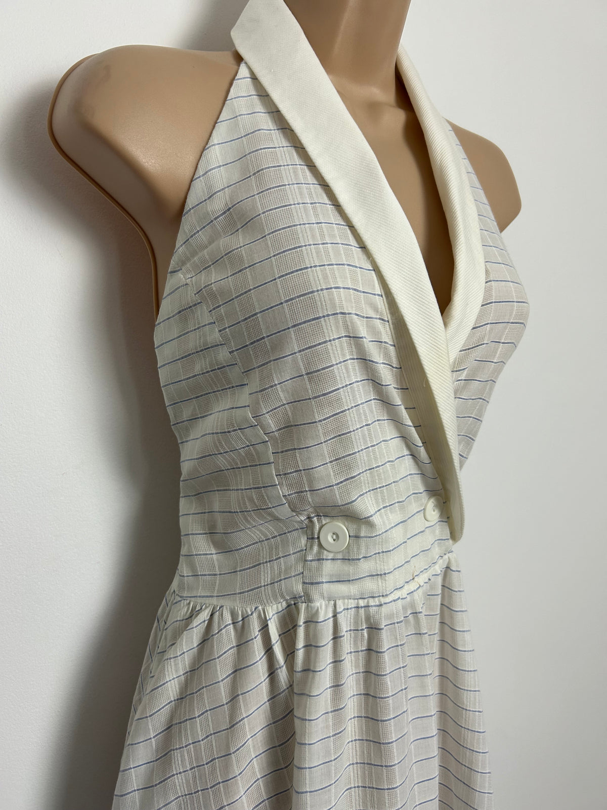 Vintage 1980s Size 8-10 White & Blue Stripe Halterneck Cotton Mix Summer Midi Dress