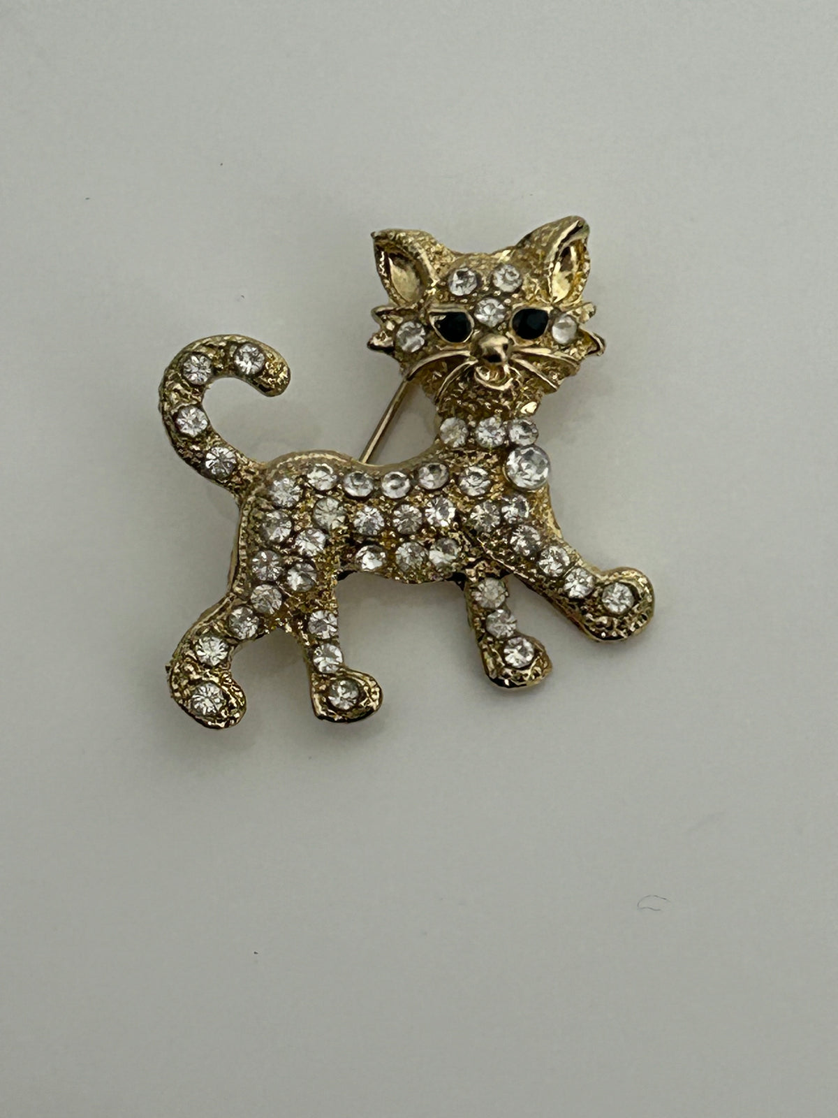 Vintage Cute Little Gold Tone Diamante Set Cat Brooch