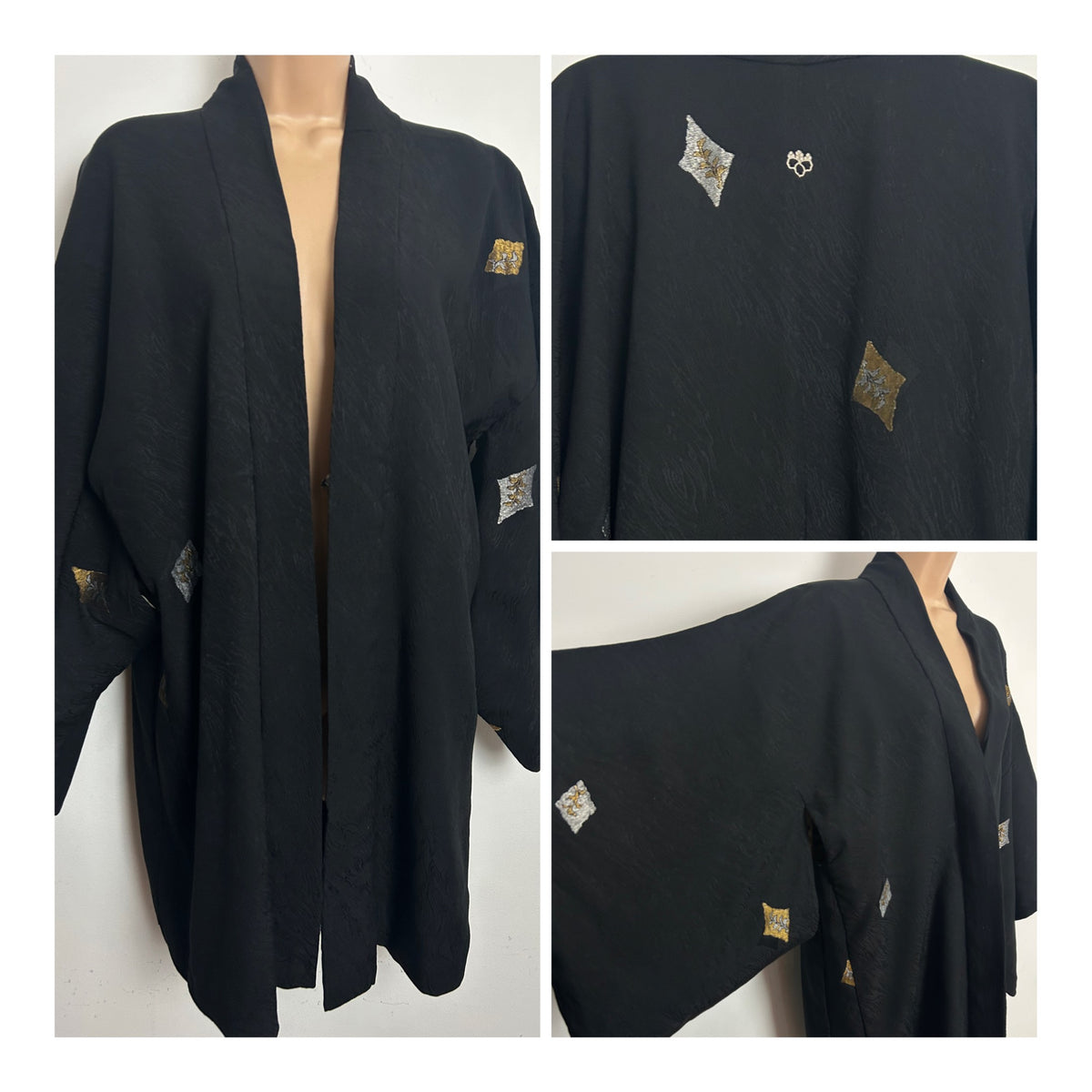 Vintage Up To Size 14-16 Original Japanese Black Gold & Silver Metallic Pattern Haori Kimono
