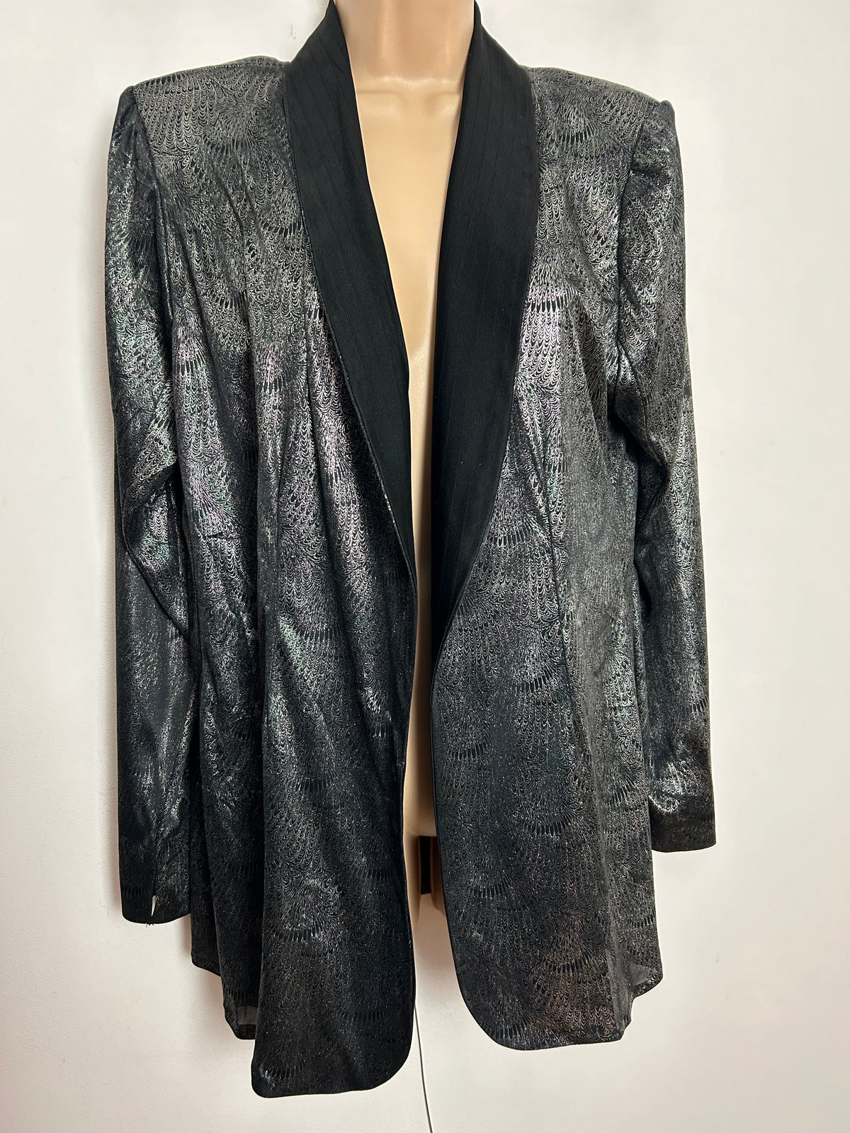 Vintage 1980s Up To Size 16 Black & Dark Silver Lurex Blazer Style Open Fronted Jacket/Cover Up