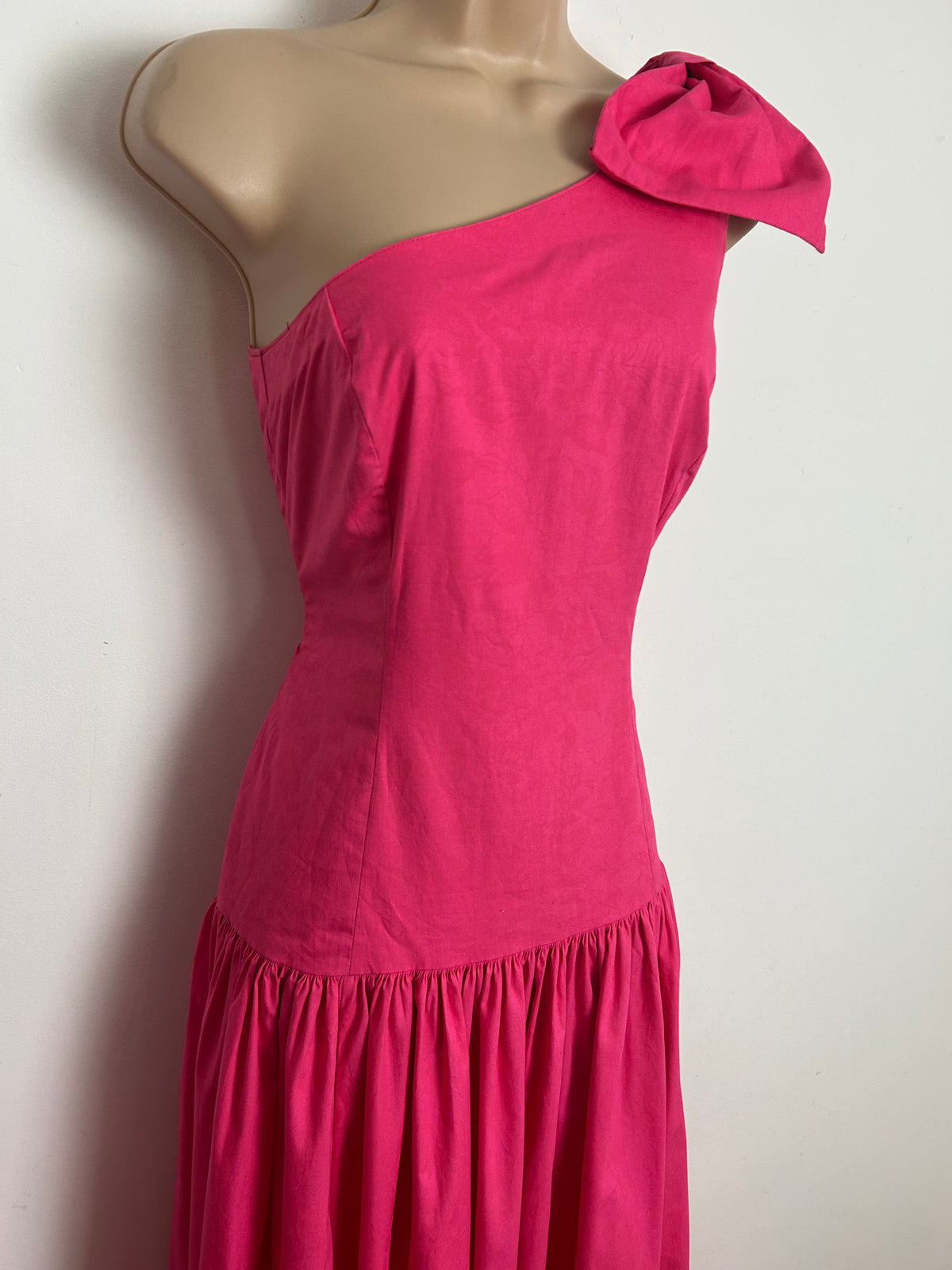 Vintage 1980s LAURA ASHLEY Size 8 (Size 12 On Label) Candy Pink One Shoulder Bow Detail Maxi Dress