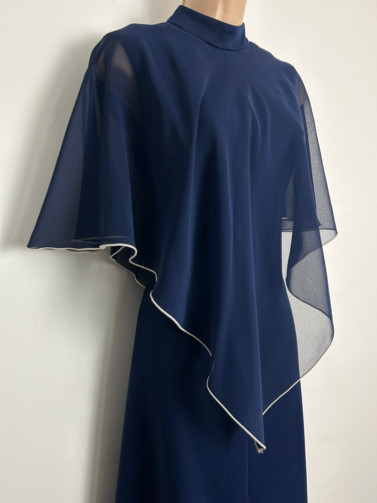 Vintage 1970s Size 10 Navy Blue Capelet Cape Sleeve Layered Boho Maxi Dress