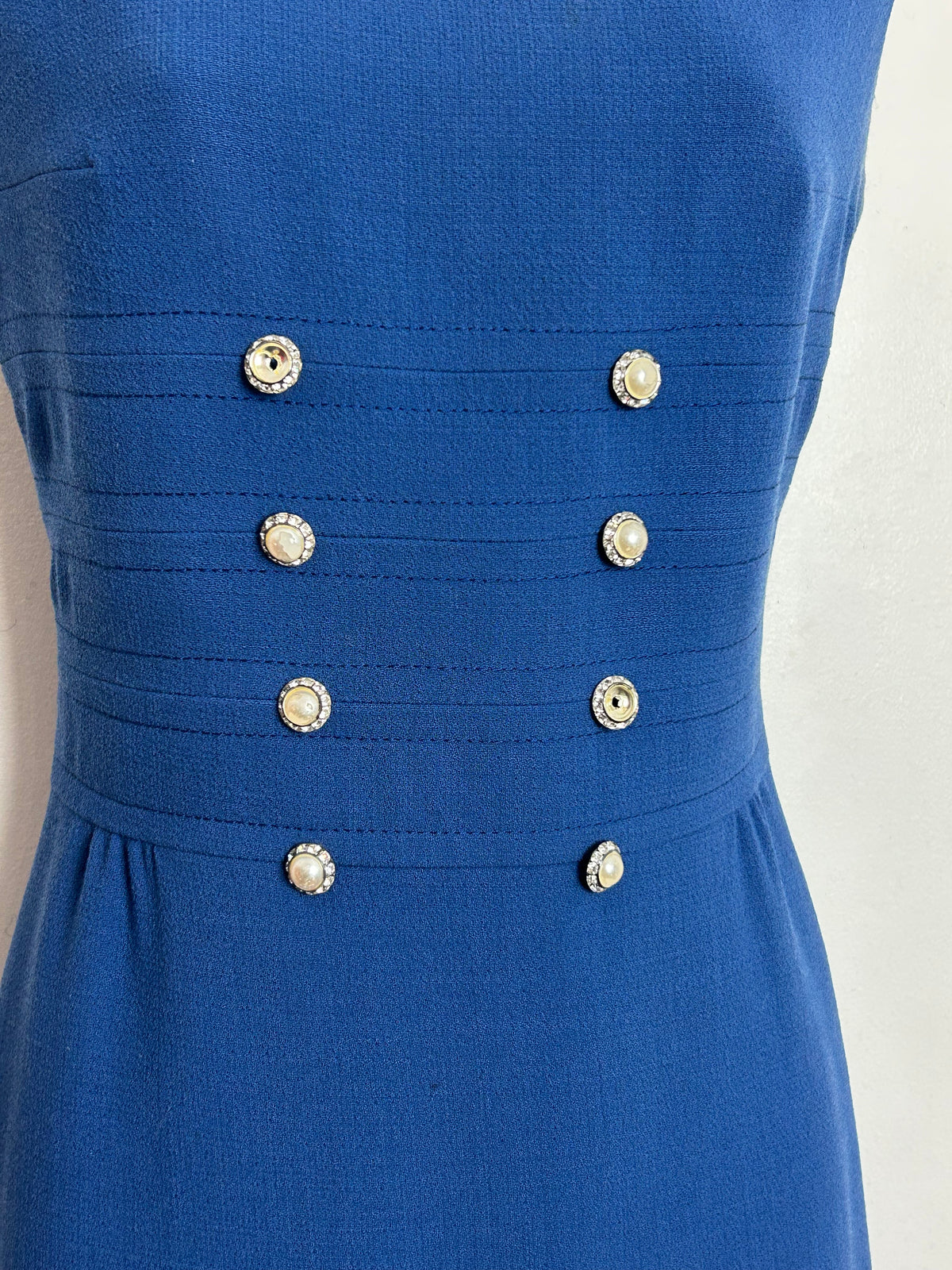 Vintage 1960s HEROS MODELL Size 8-10 Dusky Blue Pearl & Diamante Button Detail Mod Dress