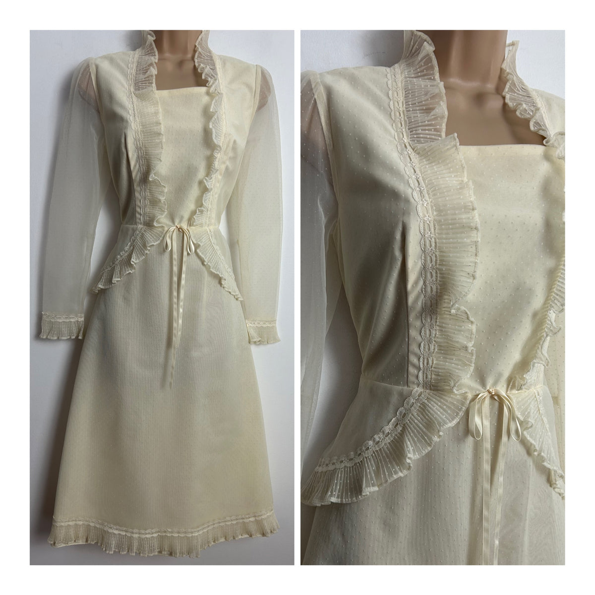 Vintage 1970s Size 10 Cream Chiffon Ruffle & Peplum Long Sleeve Occasion Dress